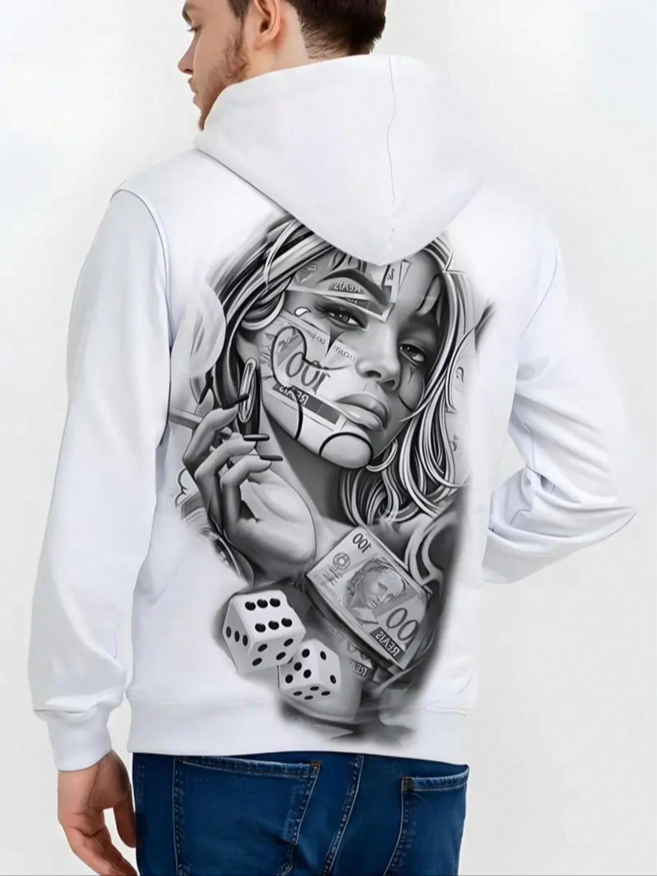 Men's Fashion Graphic Print Hoodie with Creative Girl 3D Print, Warm Pullover Sweatshirt with Pocket & Drawstring, Casual Long Sleeve Fitted Top