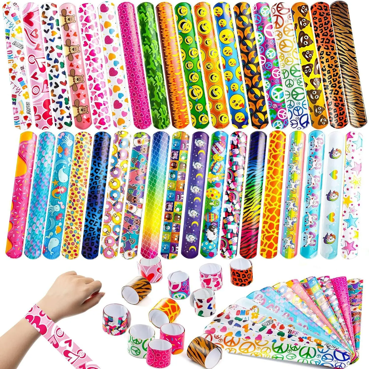 60 Pcs Slap Bracelets for Kids - Bulk Wristbands with Animal, Friendship, Heart Designs, Party Favors, Classroom Prizes, Birthday Exchanging Gifts, Goodie Bag Stuffers - Fun Toys for Children