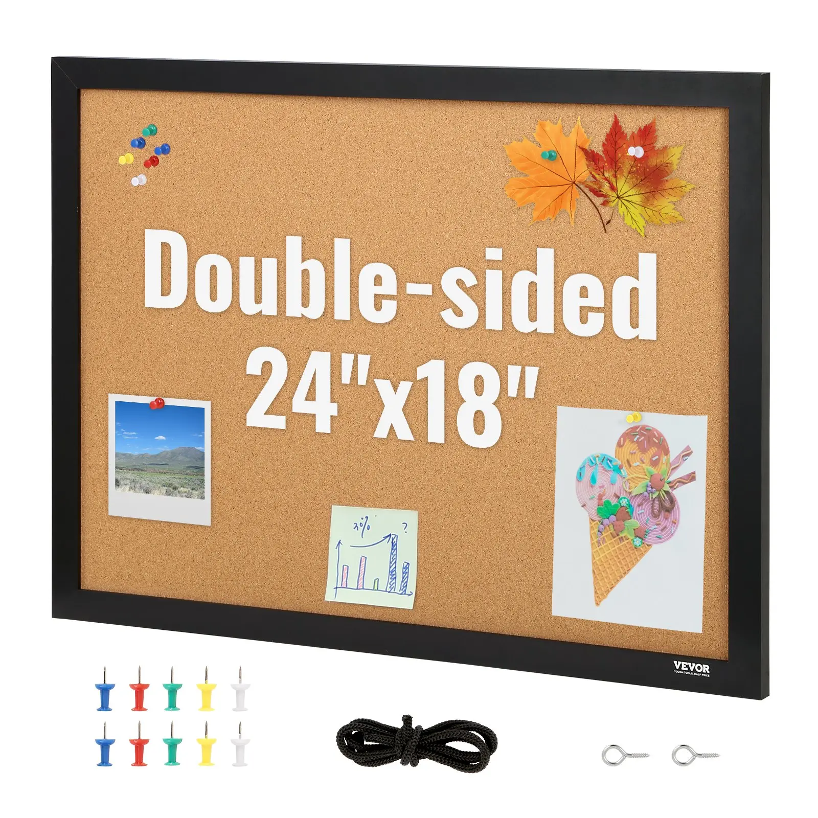 【DealsForYouDays】VEVOR Cork Board, 24x 18 inches, Double-sided Bulletin Board with MDF Sticker Frame, Vision Board Includes 10 Pushpins, for Display and Decoration in Office Home and School