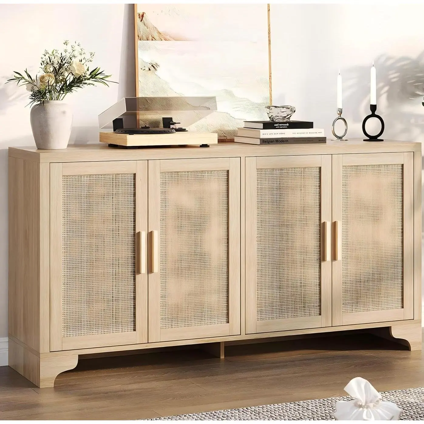 YJ-Garvee and Garvee 62" Rattan Sideboard Buffet Cabinets with 4-Door Storage, Adjustable Shelves, and Modern Farmhouse Design for Kitchen, Living Room, Entryway in Natural, White, and Black finishes