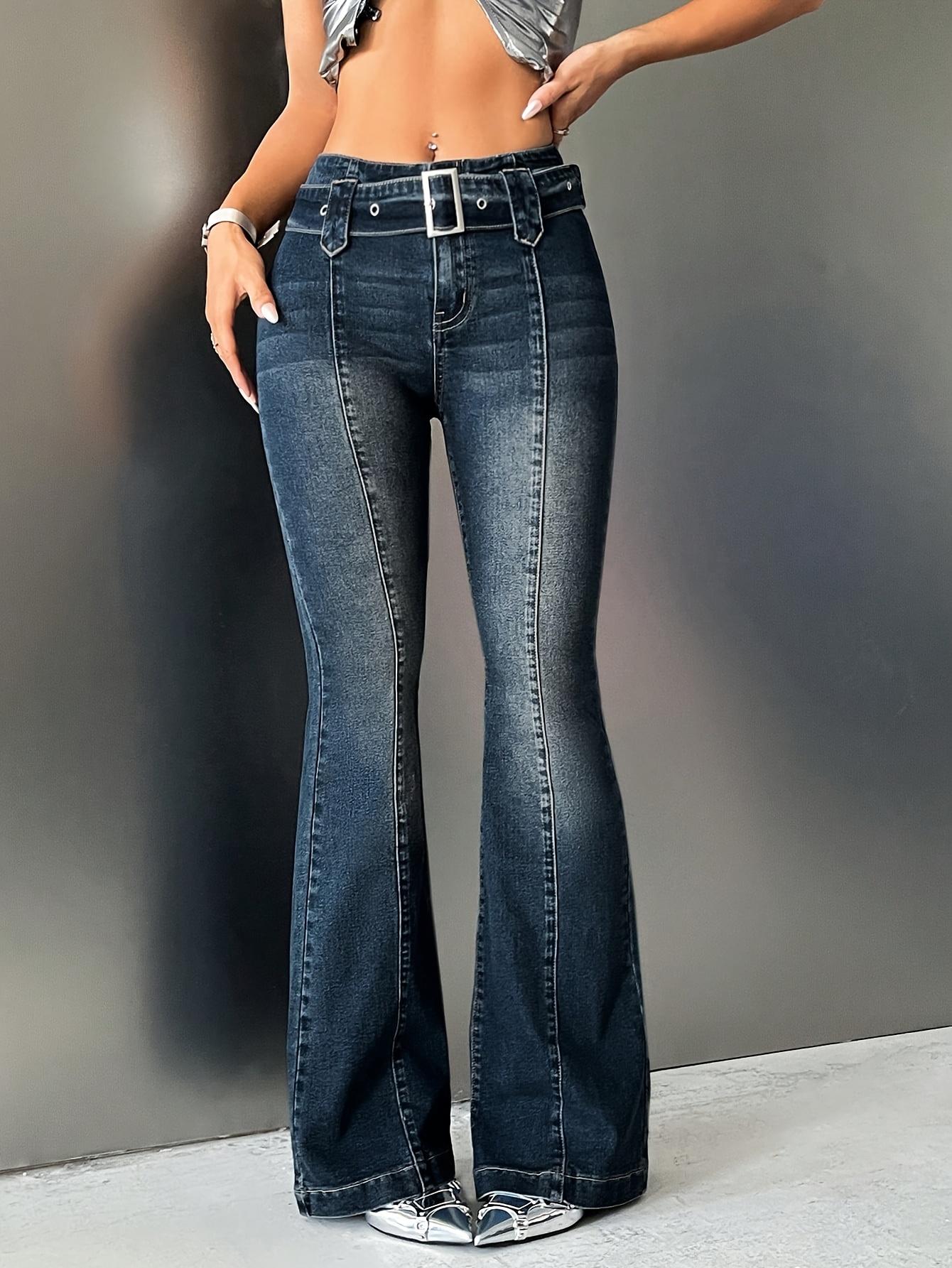 [Elegant Flared Jeans] Women's Elegant High Waisted Vintage Blue Flared Jeans - Stretch Fabric, Flared Trousers with Slash Pockets And Button Closure Design, A Versatile Item for All Seasons!