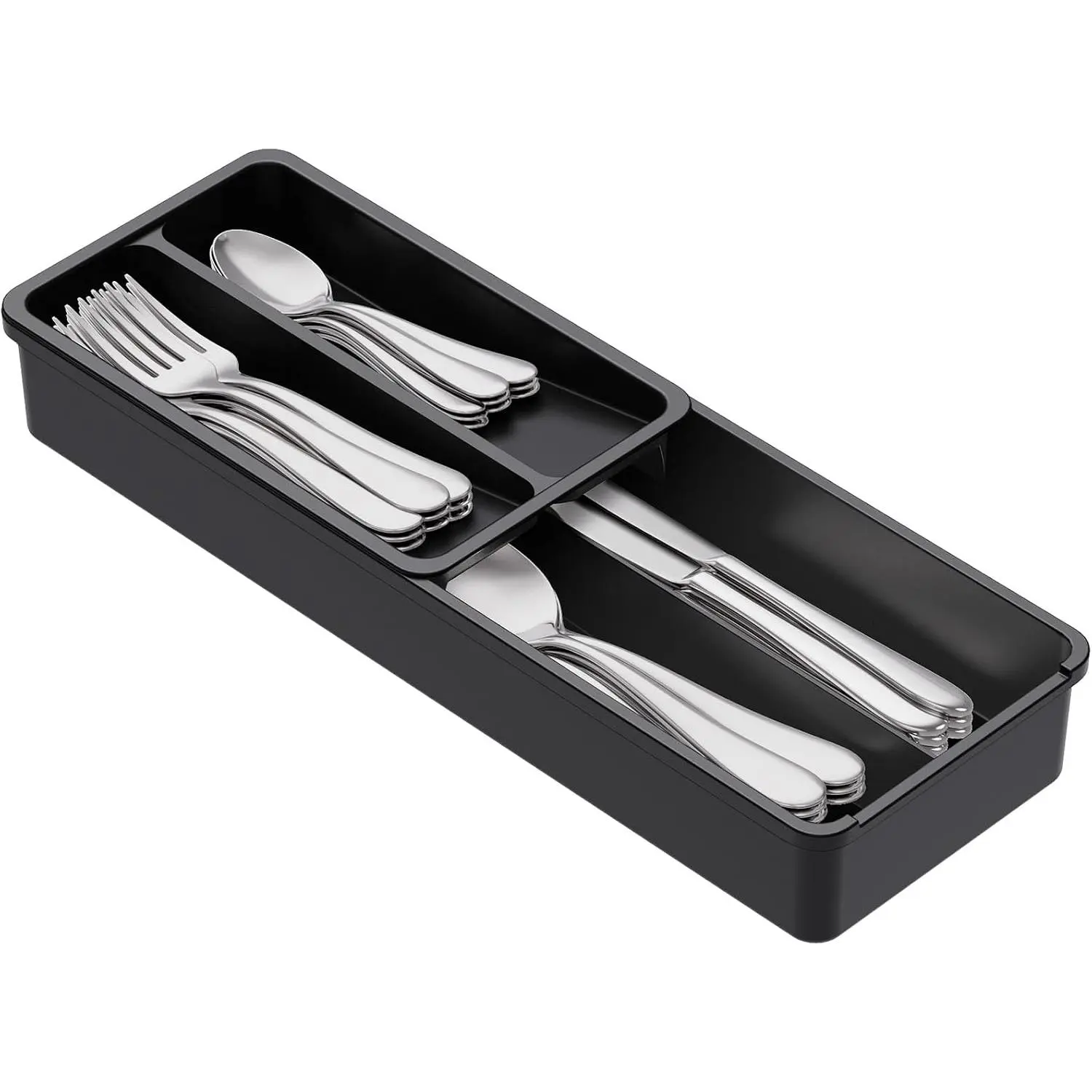 Narrow Compact Plastic Silverware Organizer Box - Kitchen Drawer Flatware Tray Holder for Spoons, Forks, Cutlery Storage, Black, 1 Pack