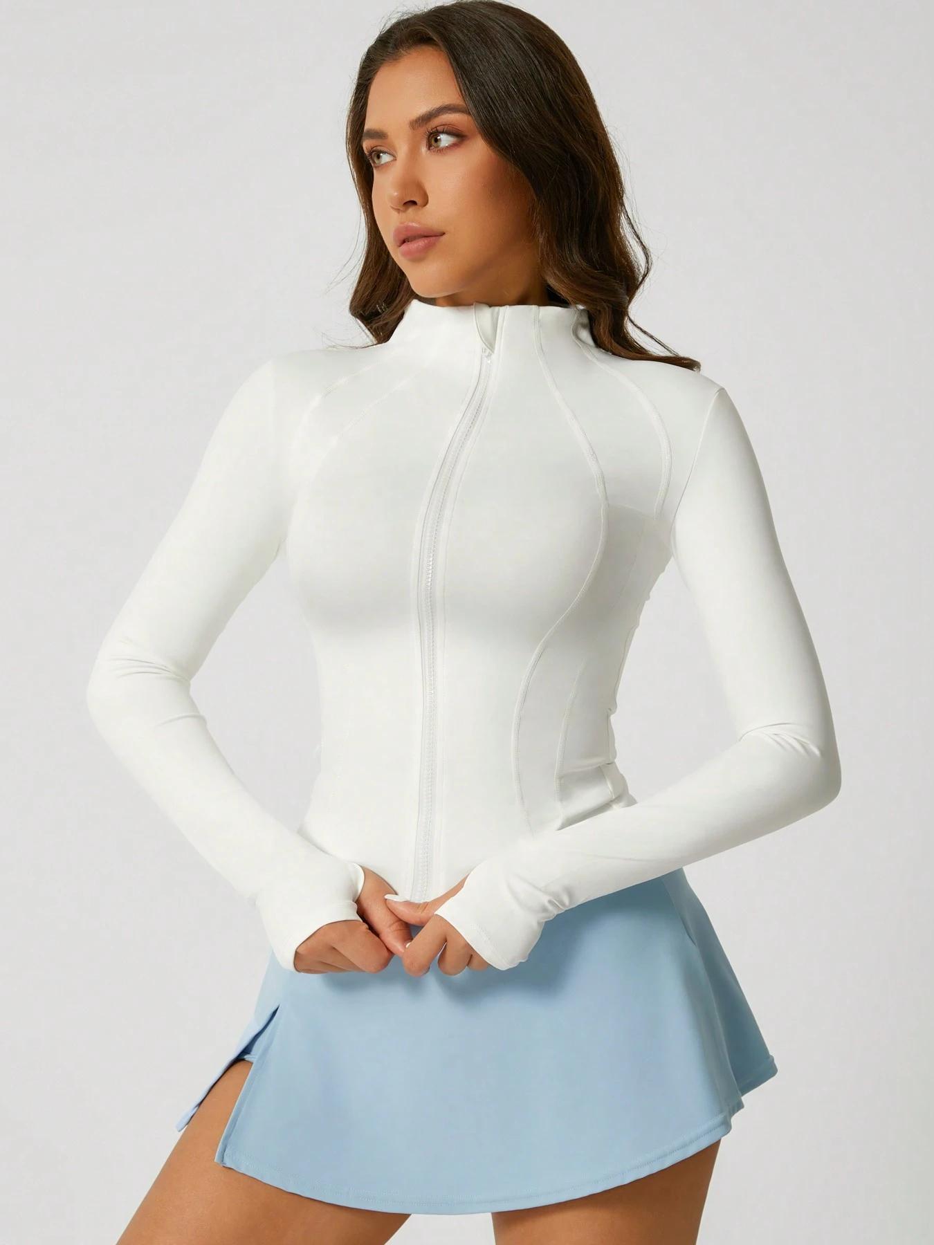 Women's Solid Zip Up Sports Jacket, Lightweight Sports Jacket, Sporty Thumb Hole Long Sleeve Outerwear for Gym Workout Running, Ladies Sportswear for All Seasons, Modern and Comfortable