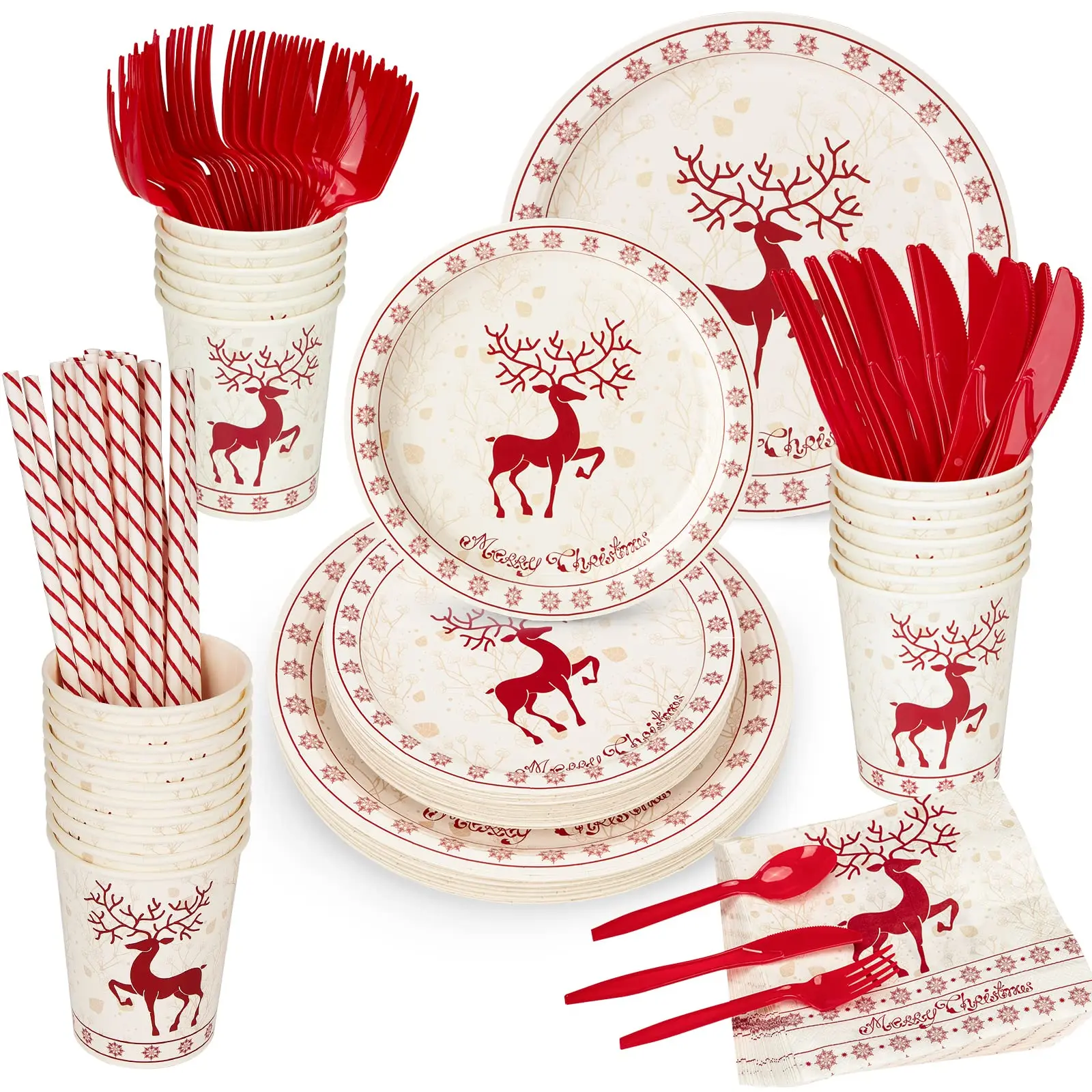 215-Piece Disposable Christmas Reindeer Dinnerware Set, Serves 25, Plates, Cups, Utensils & Napkins