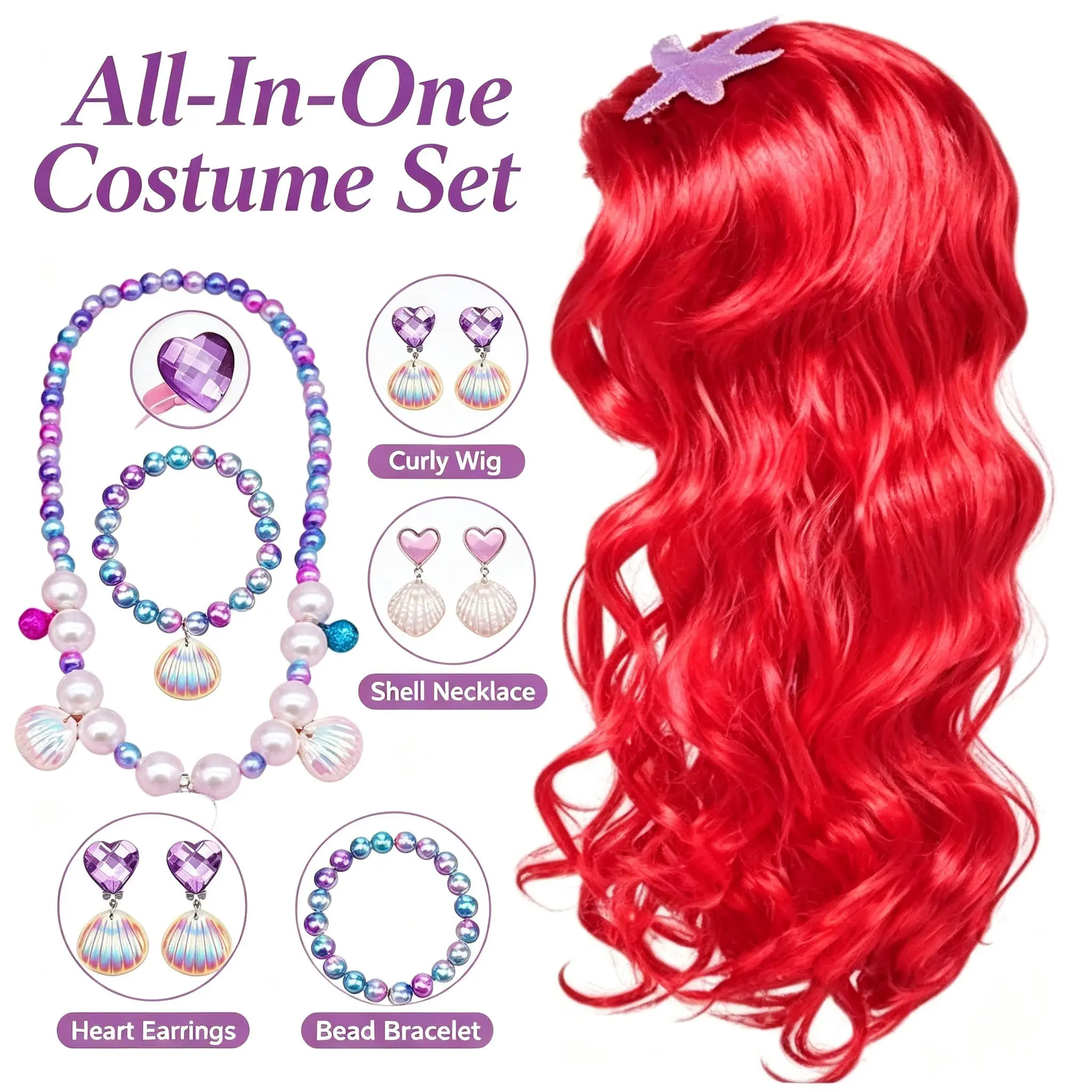 Girl Mermaid Jewelry Set, Includes Glitter Wig, Hair Clips, Headband, Earrings, Pearl Bracelet, Necklace, Perfect for Parties and Daily Wear