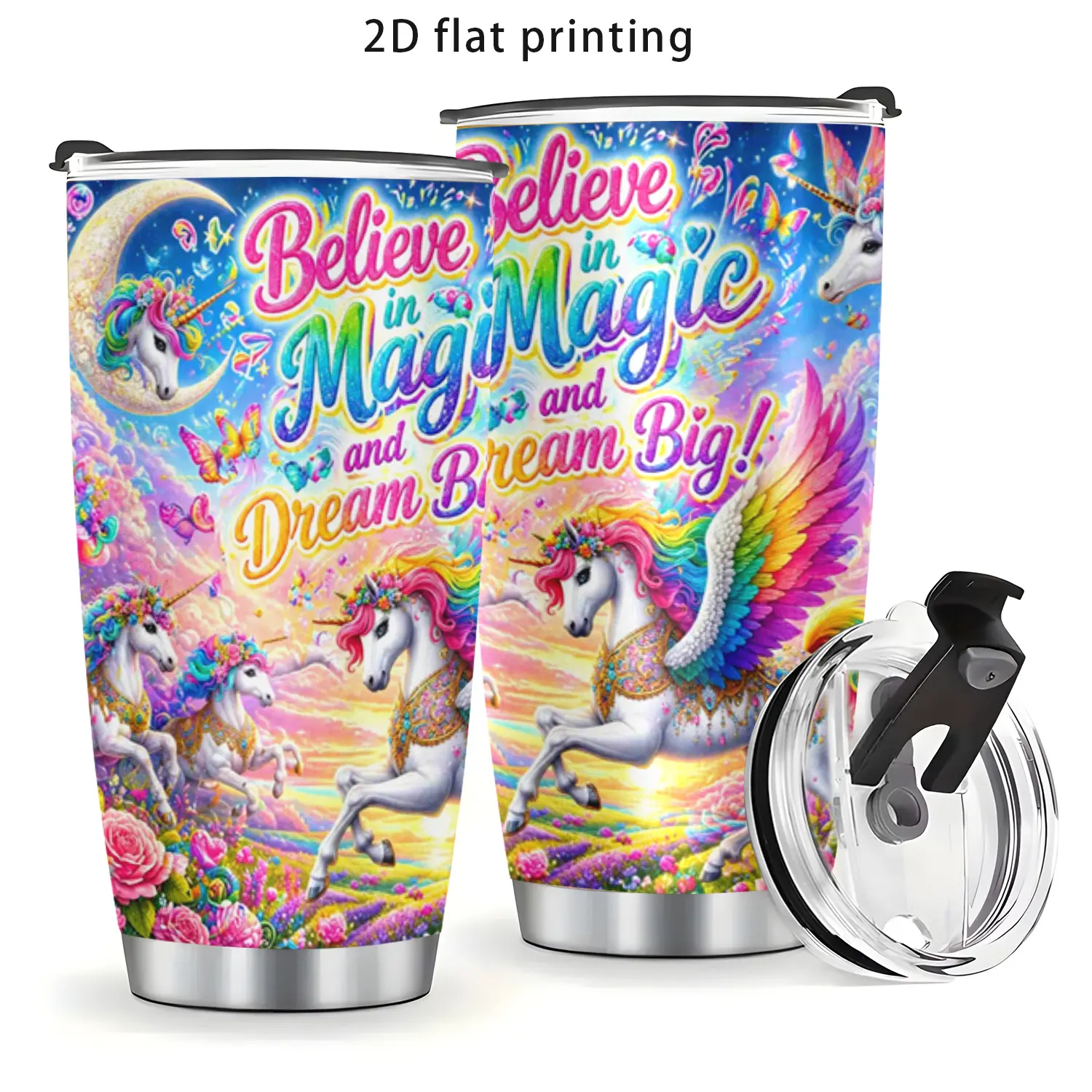 Stainless Steel Insulated Vacuum Flask Travel Tumbler - 20oz (500-1,000 ml), 2D Unicorn Print, Leak-Proof, Cup Holder Friendly, Heat Resistant, Portable with Reusable Lid, Ideal Holiday Gift for Adults