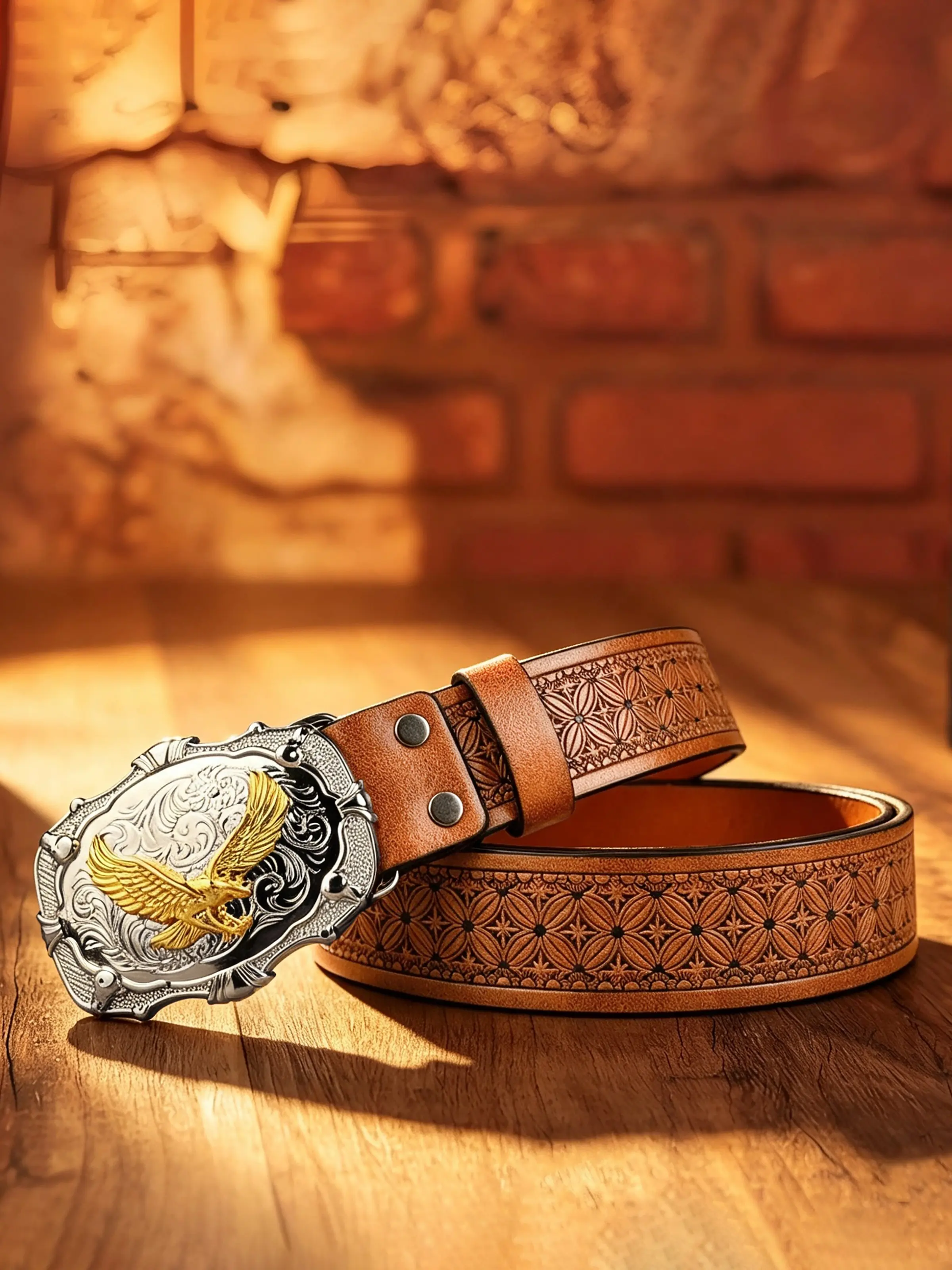 "Golden Eagle" Alloy Buckle Belt, a luxurious and opulent Western cowboy-style belt with a 1.46in/3.7cm wide engraved design, unisex belt.