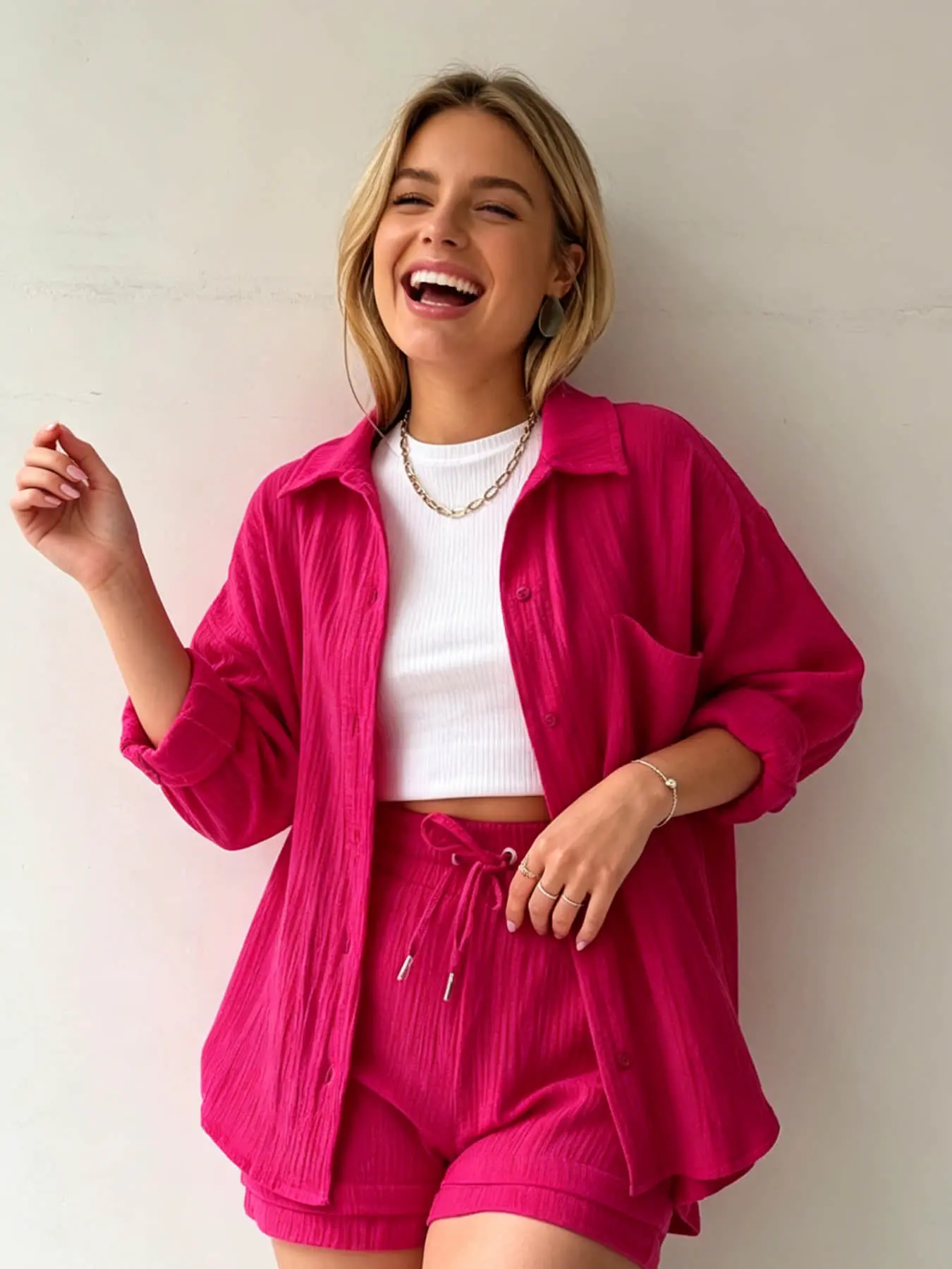 Two piece set of casual sun protection shirt set, loose, Baggy, Oversize and slimming collared cardigan+elastic waist shorts suitable for summer, seaside vacation, city, street photography, daily commuting, coffee shop, Commute Style Set