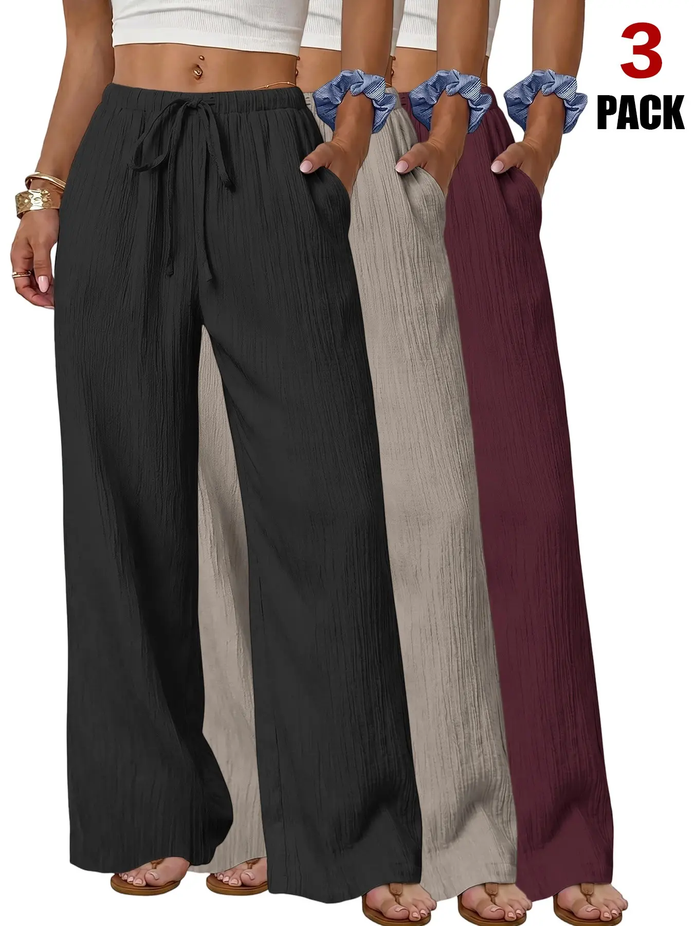 Women's 2026 Textured Crinkle Flowy Wide Leg Loose Pants, Elastic Drawstring High Waist, Lightweight Palazzo Pants, Casual Trousers Bottoms for All Seasons