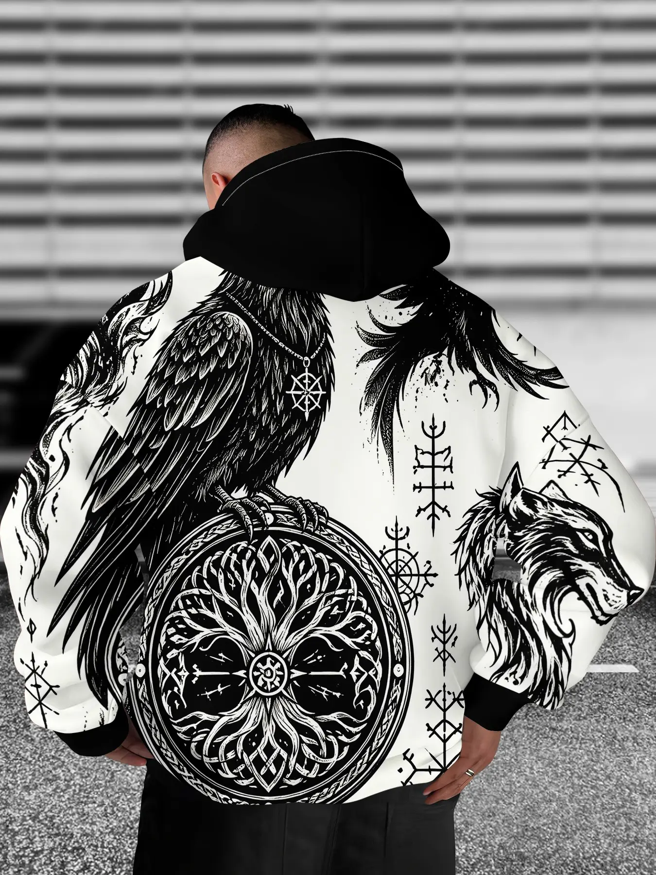 Men's Hooded Drop Shoulder Sweatshirt, Nordic Raven Wolf Print, Casual Fitted Top, Fall Winter Fashion