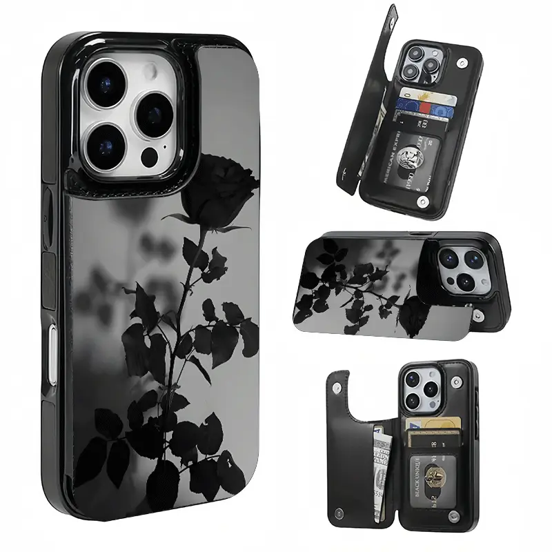 Rose silhouette card holder phone case.This practical TPU phone case features a patterned design and includes a card slot function,capable of holding bank cards, bus cards,and various other cards.Suitable for iPhone 17/16/15/14/13/12.