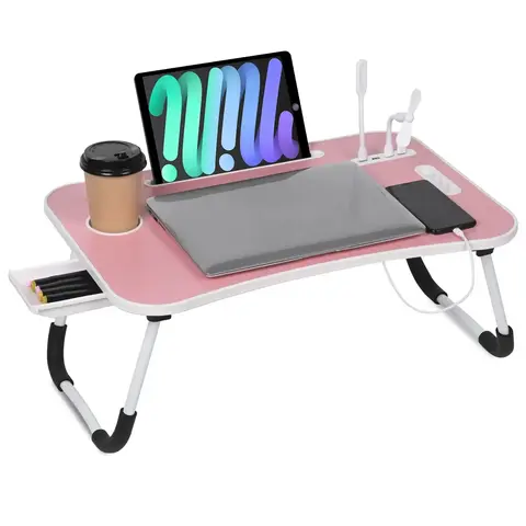 VQN Portable Foldable Bedside Laptop Desk - 1-Piece Desk with Drawers, Lightweight, Compact, Cup Holder, Home Office Furniture, Home Goods, Small Space Solution, Fold-Away Freedom, Couch Accessory, Apartment Organizer