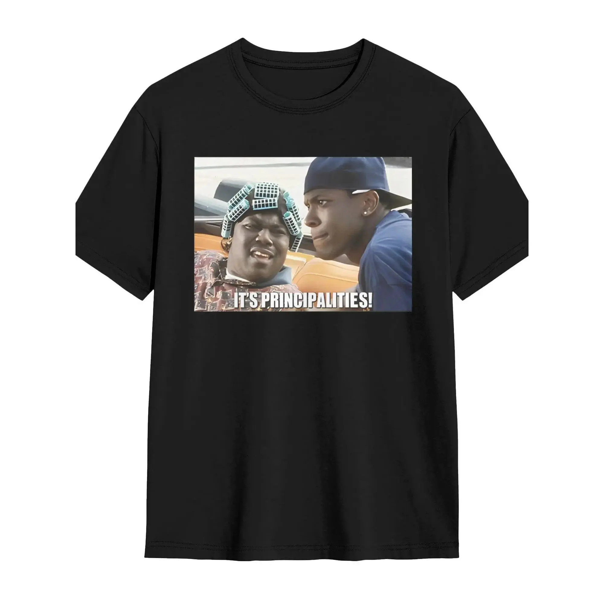 Retro Graphic T-shirt with "It's Principalities!" Friday Movie Print, Casual Unisex Shortsleeve Top in Stretch Cotton Polyester Fabric, Tshirt, Menswear, Round Neck