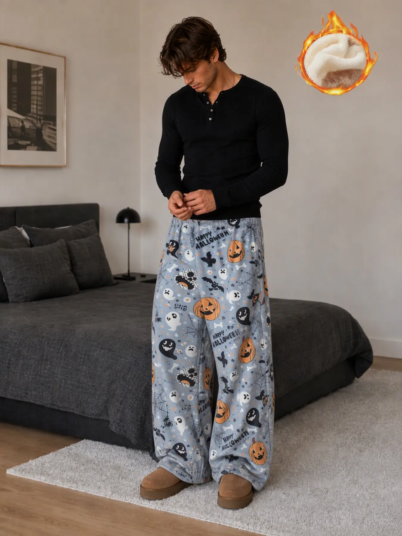 Autumn/Winter Flannel Unisex Warm Long Pants, Halloween/Pumpkin Ghost Mummy Loose Cute Retro Pajama Pants, Holiday Outfit