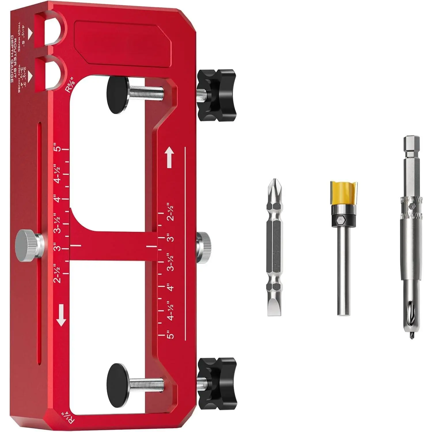 Door Hinge Jig,  Alloy Router Template Kit, Adjustable Mortise Jig for 2.5" to 5" Hinges, Fits 1/4" 5/8" Radius & Square Corner Hinges for /4" Thick Doors, Red