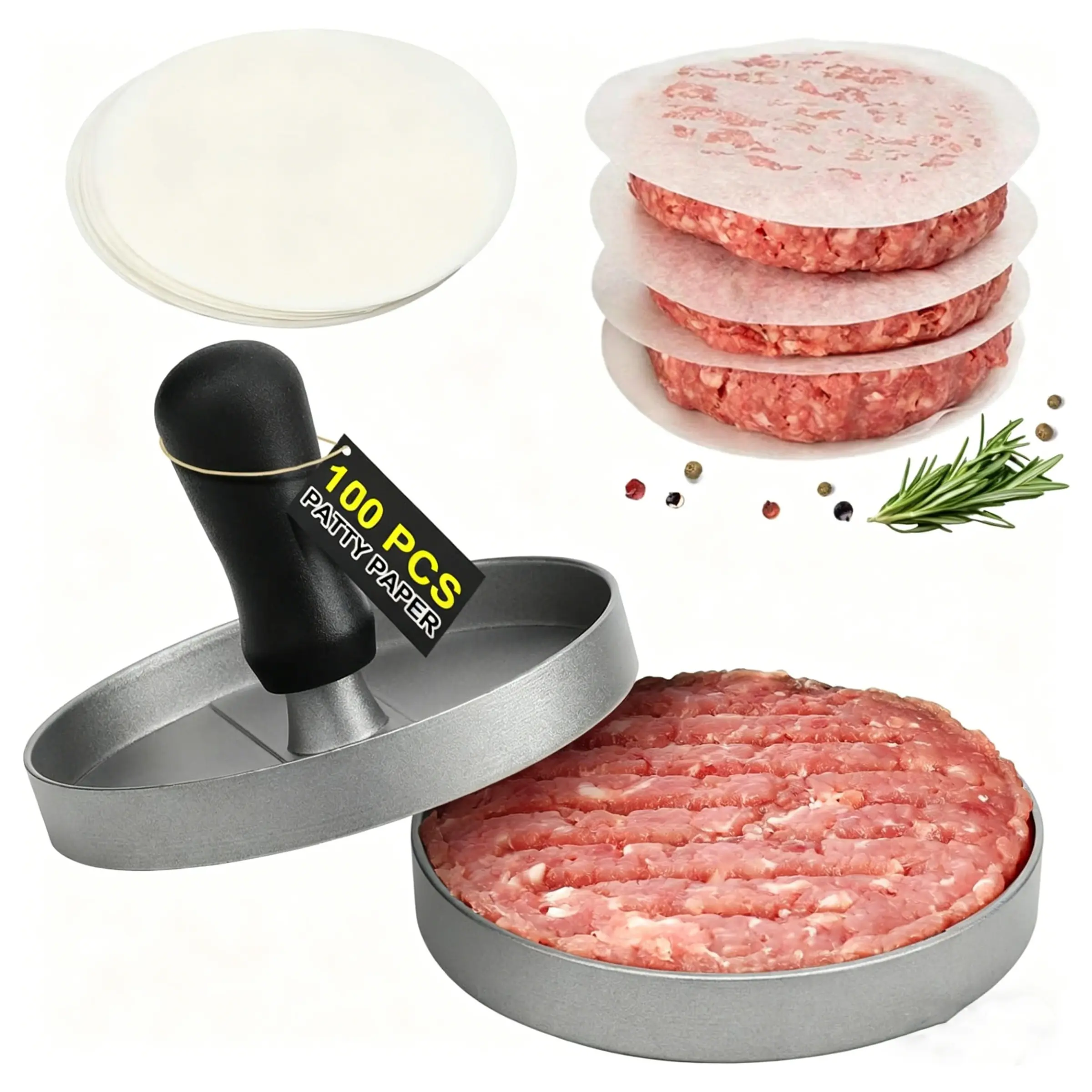 Smash Burger Press, Burger Press 100 Patty Papers, Pre-Seasoned Cast Iron Hamburger Smasher, Heavy-Duty Grill Bacon Meat Press Tool, Non-Stick Hamburger Patty Maker with Wax Paper, Meat Beef Cheese Veggie Burger Maker for Grill Griddle BBQ Barbecue