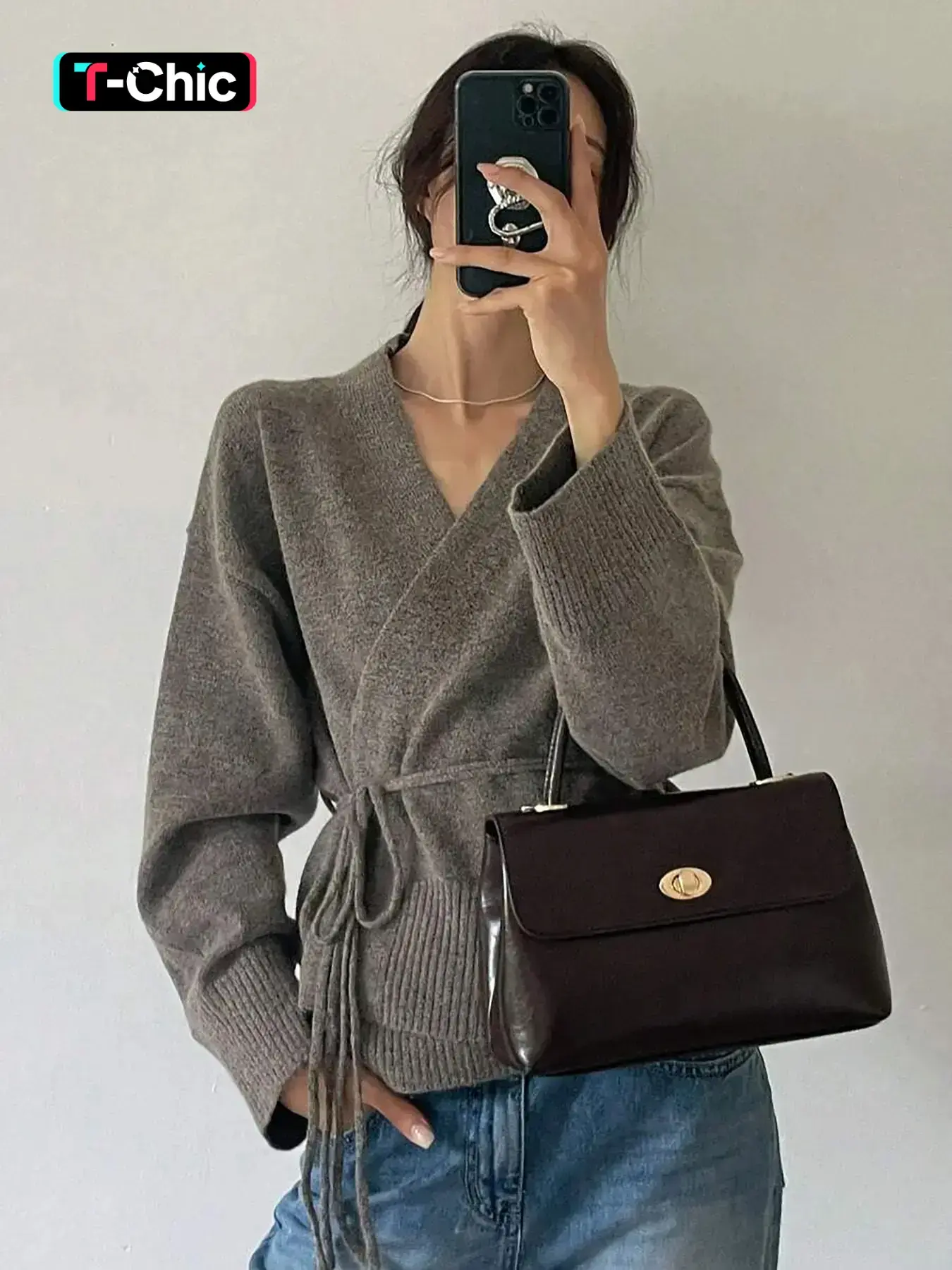 Women's Solid Color Drawstring V Neck Belt Design Sweater Cardigan, Retro Style Casual Comfortable Long Sleeve Cardigan, Soft and Skin-friendly Women's Sweater, Knitwear, Knitting, Fitted Knitwear Sweater, Belted V Neck