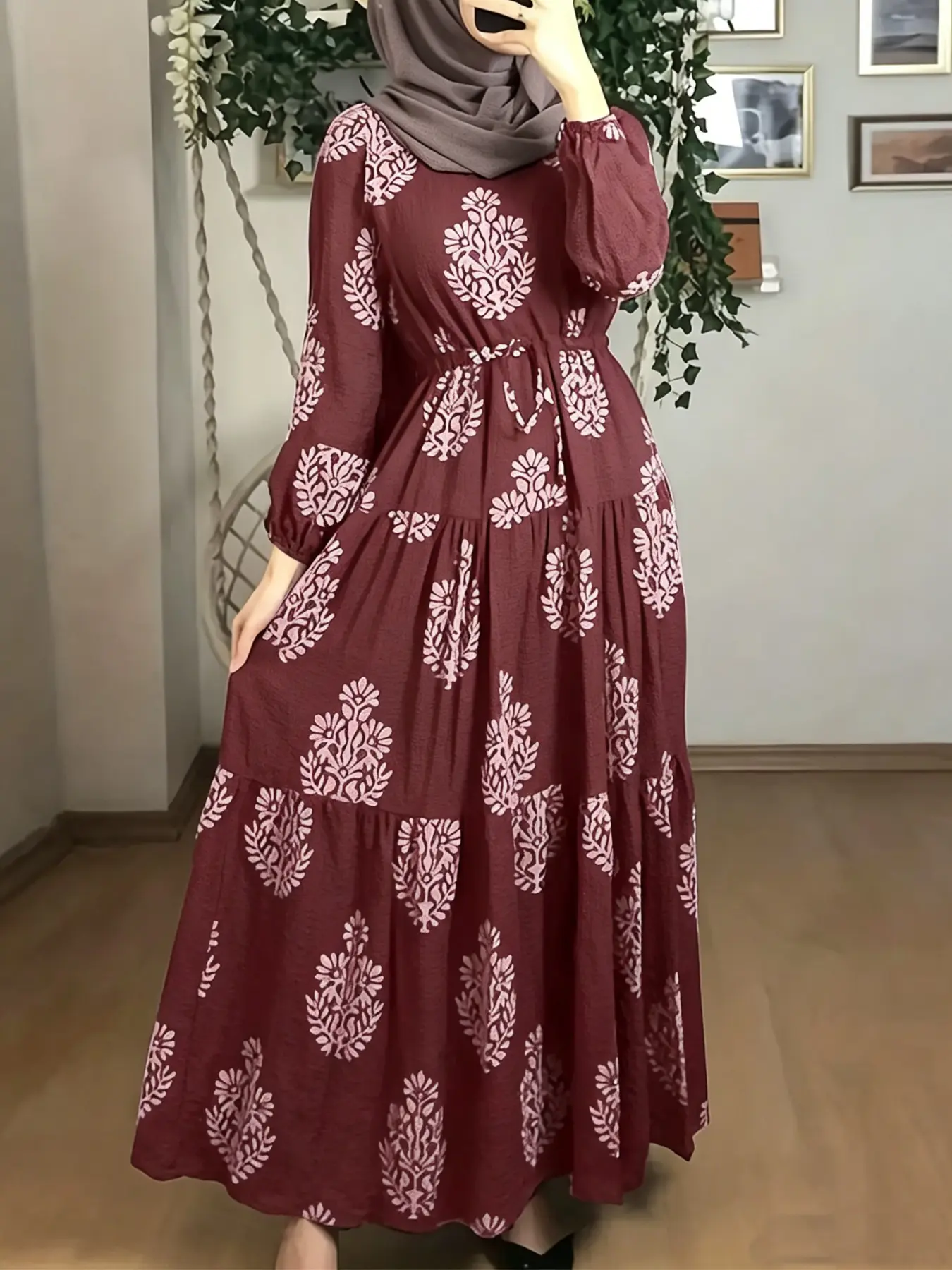 Women's Burgundy Floral Print Tiered Abaya, Elegant Modest Style, Round Neck & Waist Tie, Balloon Long Sleeves, Perfect for Ramadan/eid, Modest Islamic Clothing, Muslim Dress, Islamic Modesty Clothes