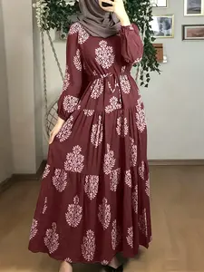 Women's Burgundy Floral Print Tiered Abaya, Elegant Modest Style, Round Neck & Waist Tie, Balloon Long Sleeves, Perfect for Ramadan/eid