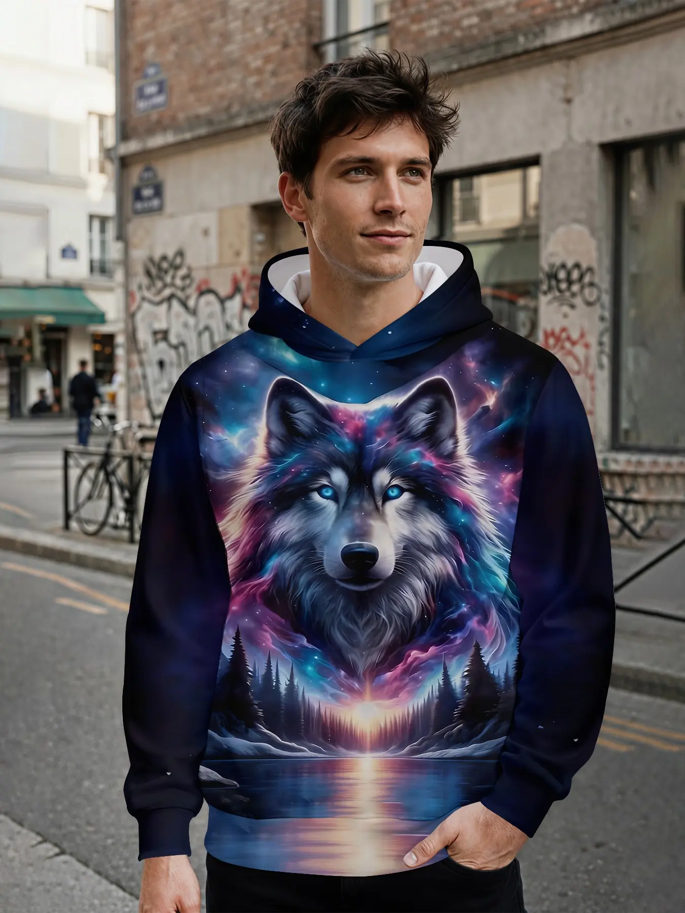 Men's hoodie with 3D digital print of a lone wolf against navy iridescent starry sky, all-over printed design, Graphic Streetwear, eye-catching for casual daily outings and music festival looks, an ideal holiday gift for men