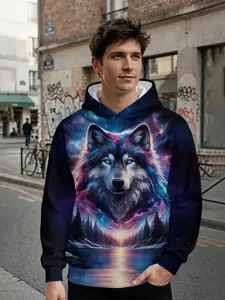 Men's hoodie with 3D digital print of a lone wolf against navy iridescent starry sky, all-over printed design, eye-catching for daily outings and music festival looks, an ideal holiday gift for men