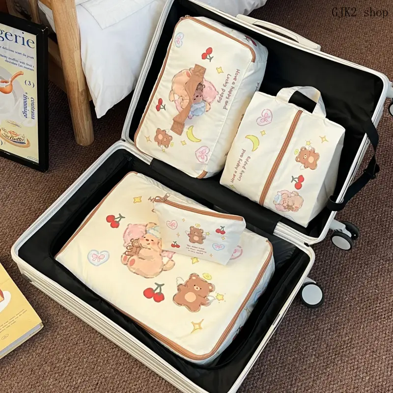Kawaii Animal Pattern Suitcase Organizer Bags, Portable Travel Storage Pouch Set