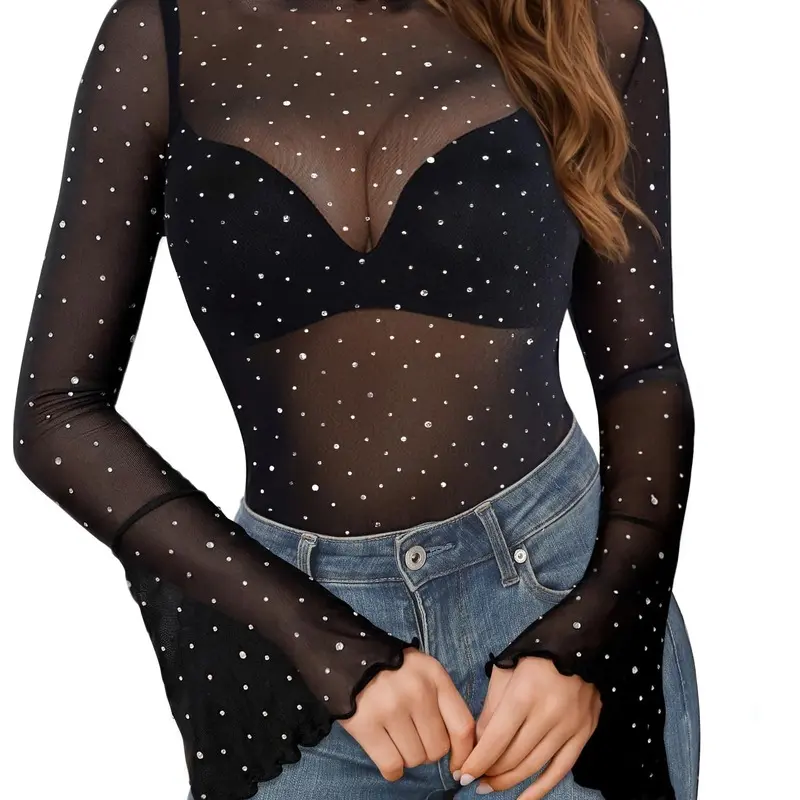 Women's Sequin Bell Sleeve Sheer Top | Glitter Long Sleeve | See Through Mesh | Party Blouse