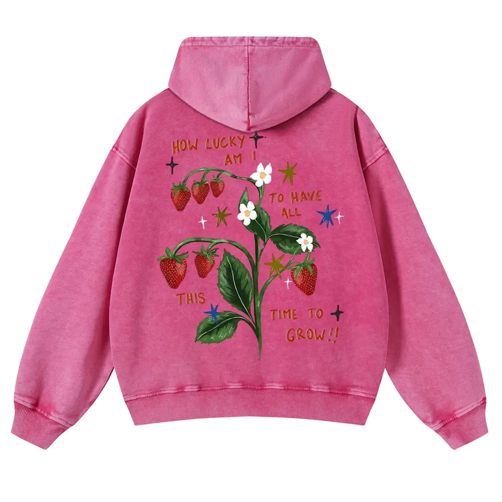 Men's Vintage Sand Washed Strawberry Hoodie - Unisex Oversized Cottagecore Graphic Tops, Casual Fleece Pullover with Self-Growth Quote, Retro Aesthetic Fit, Premium Fabric, Pairable with Jeans, Cotton, Long Sleeve, Thick