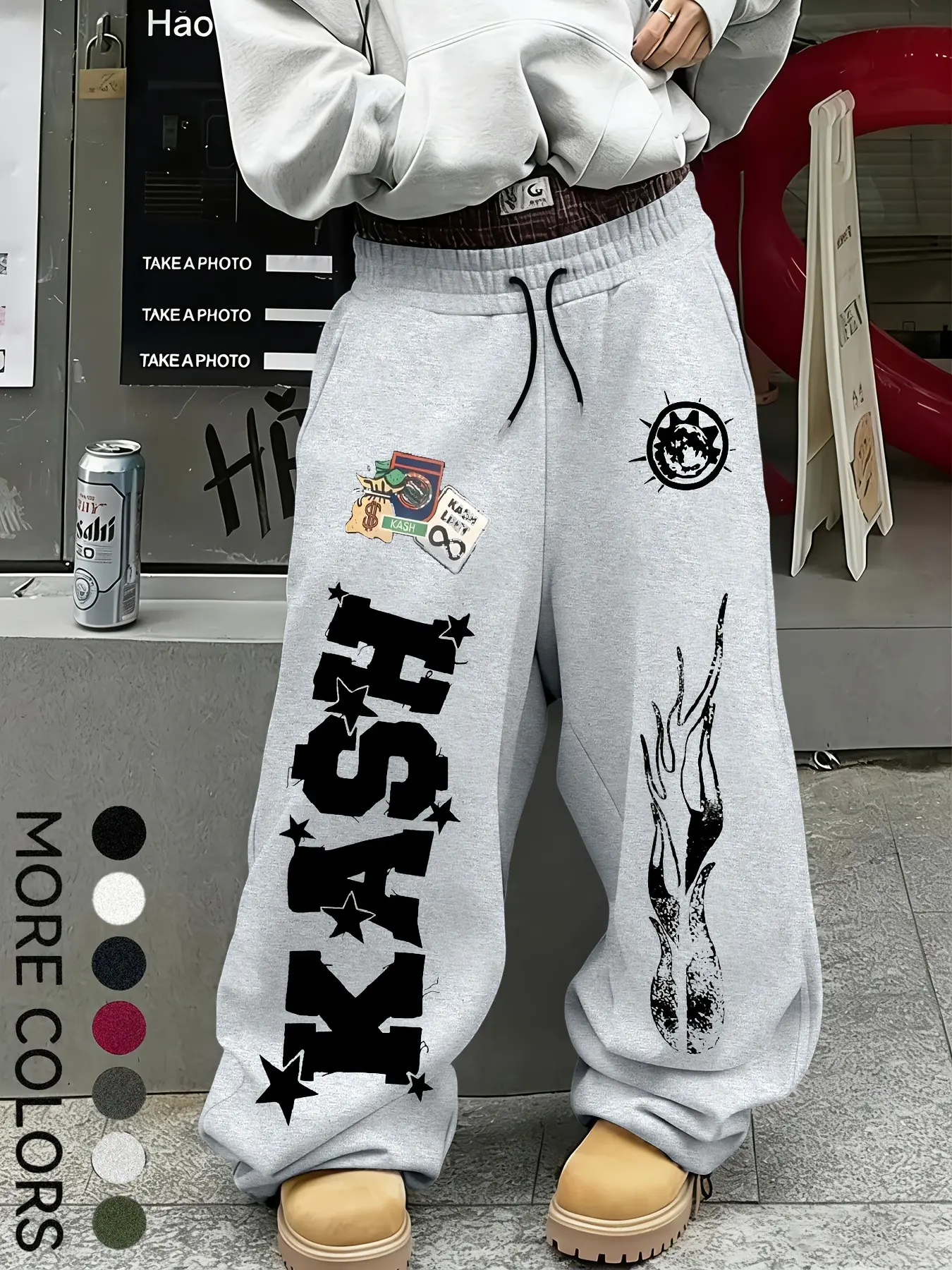 Men's Wide Leg Sweatpants, Kash Starry Vertical Letters, Sticker Patch, Sun Flame Print, Hip Hop Style, Skateboard, Music Festival, Campus Wear