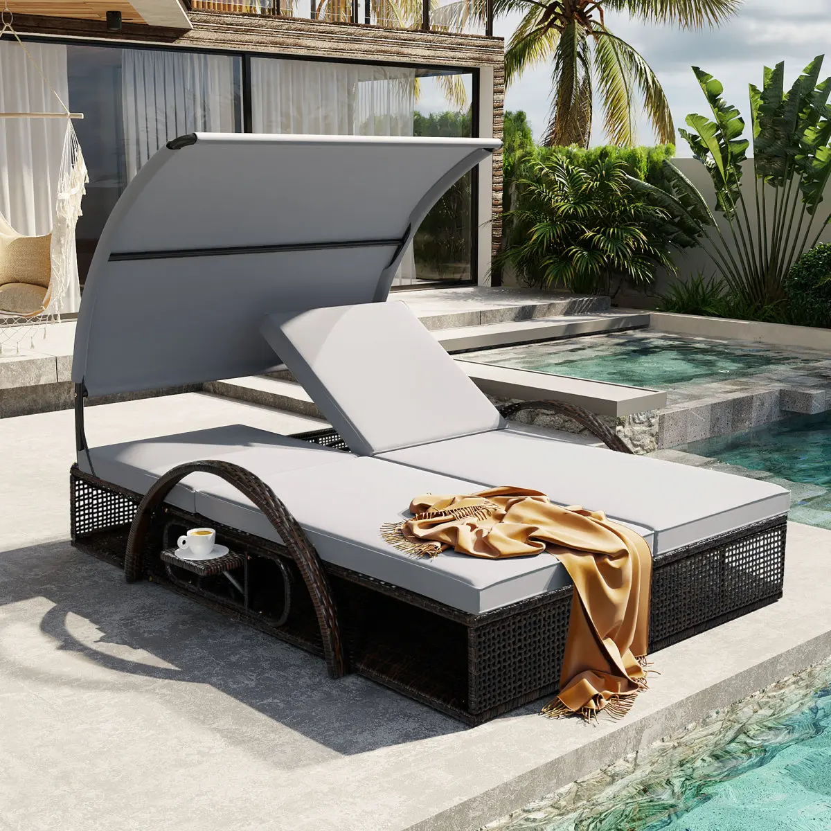 AobtkelU_STYLE Outdoor Steel Frame Sun Lounger with Adjustable Backrest,Patio Double Sunbed with Hidden Side Table and Arched Armrests,Suitable for Patio Pool Deck,Garden,Backyard