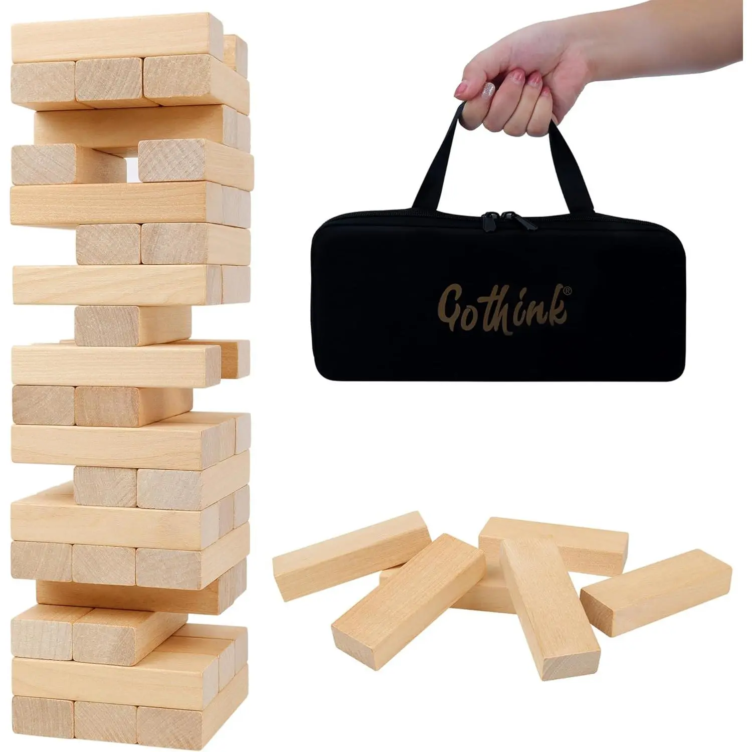 Tumble Tower Game for Kids and Adults, 54pcs Wooden Board Stacking Game for Family Games Night, Classical Wood Blocks Game, Standard Size with Storage Bag