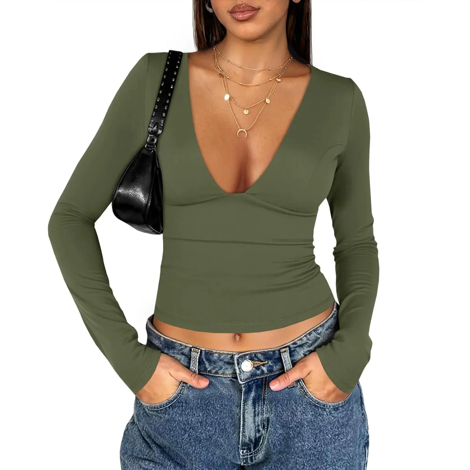 Aoysky Women's Deep V Neck T Shirts Sexy Long Sleeve Casual Going Out Cropped Tops Slim Fitted Y2K Outfits