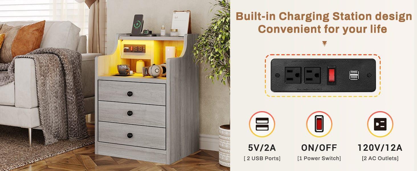 Sikaic LED Nightstand with 3 Storage Drawers Grey Modern Bedside Table RGB Lights Charging Station Engineered Wood Assembly Required Bedroom Set