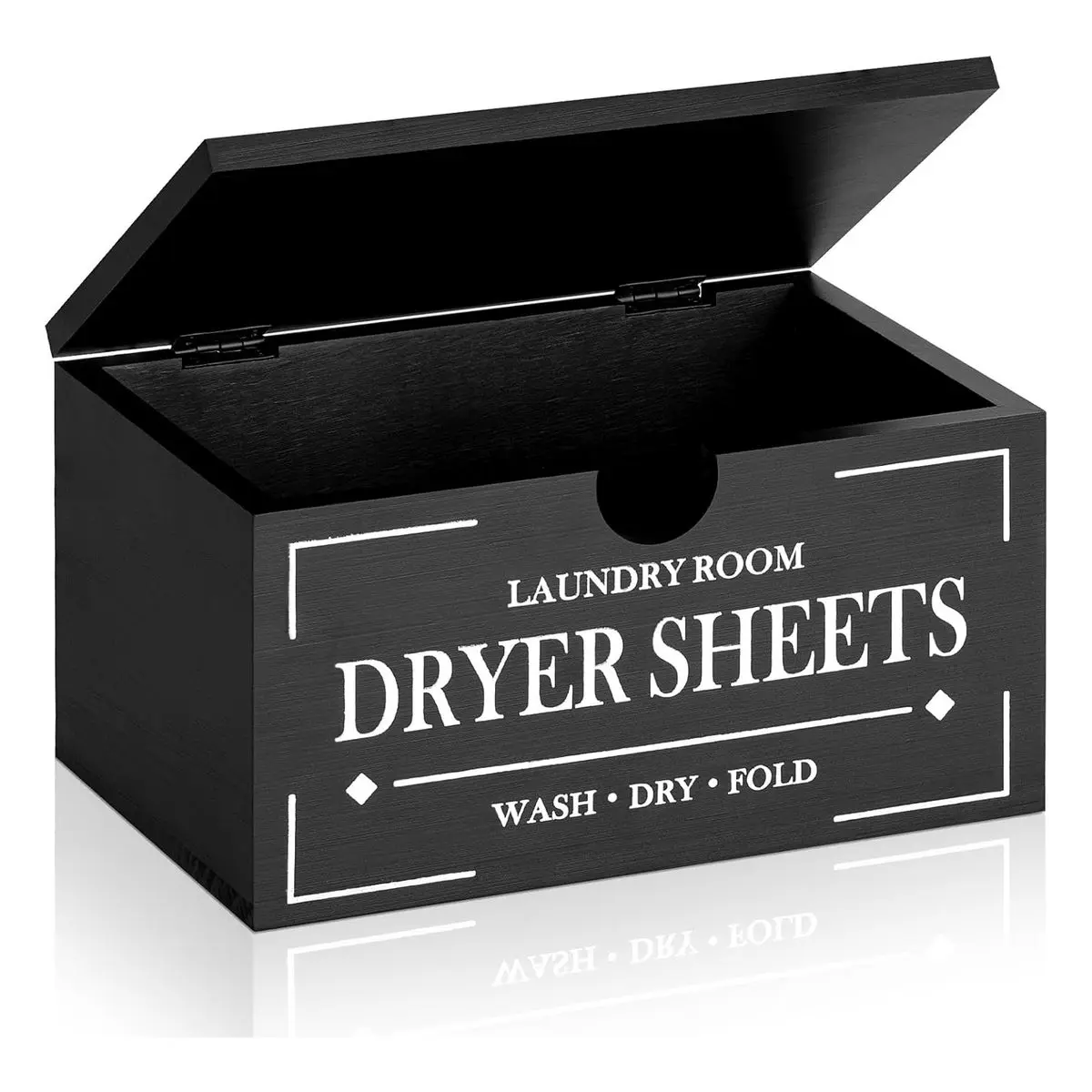 Wooden Dryer Sheet Organiser with Lid, Rustic Farmhouse Laundry Storage Box, Black Fabric Softener Dispenser Box for Laundry Room Decor