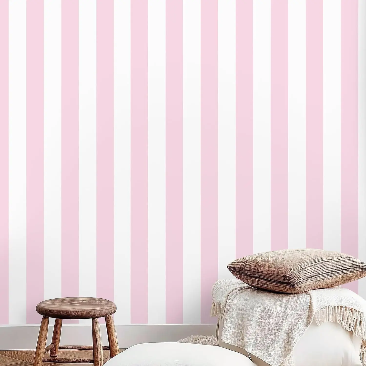 Pink and White Peel and Stick Wallpaper Striped Cute 17.7"x118"