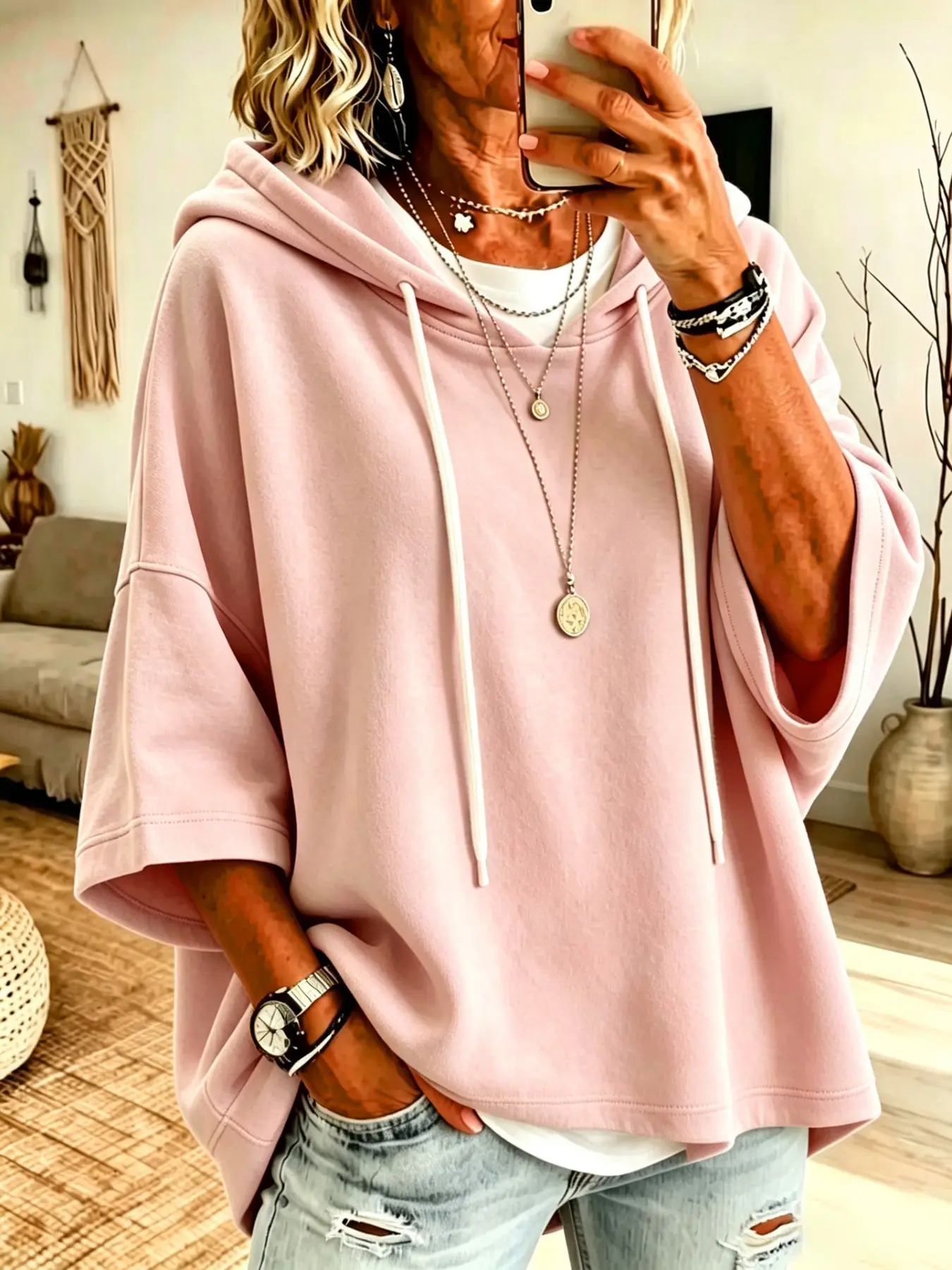 Women's Fall Winter 7/8 Sleeve Hooded Sweatshirt, Casual Solid Color Top, Trendy European and American Style