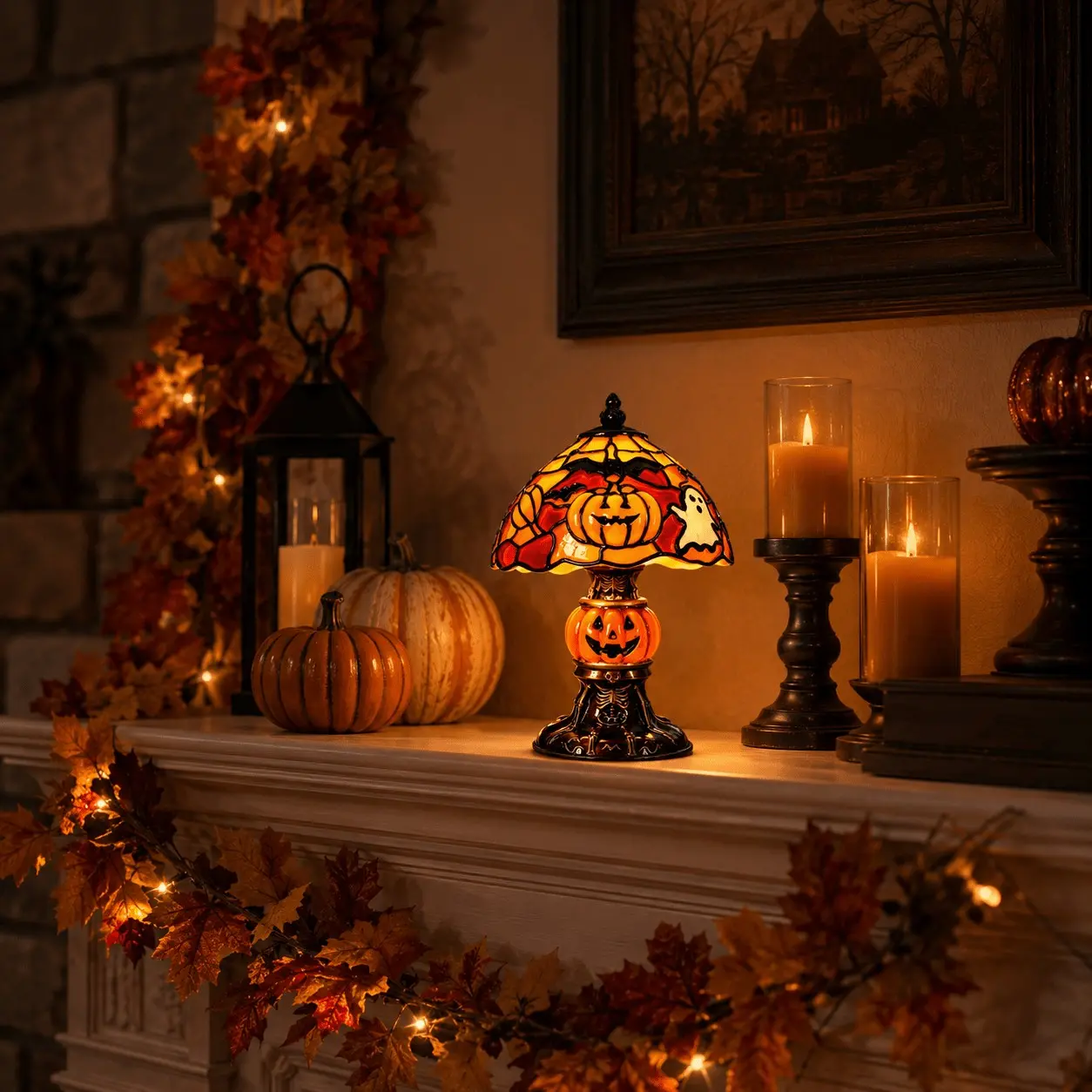 Gothic Pumpkin & Bat Table Lamp, USB Powered Resin Night Light with Skeleton Base, Vintage Soft Glow Stained Glass Ambient Lamp, Mysterious Halloween Decor for Bedroom Living Room, Spooky Holiday Gift