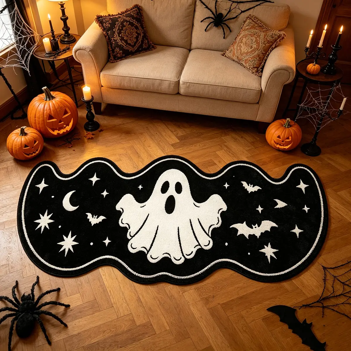 Halloween White Ghost Star Moon Bat Long Rug Wavy Edge Decor Rug Retro Simple Halloween Area Rug For Bedroom Living Room Hallway Fireplace Stylish Irregular Rug