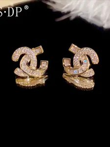 Korean version of simple female stud earrings, real gold electroplated copper needles, slightly inlaid with zircon