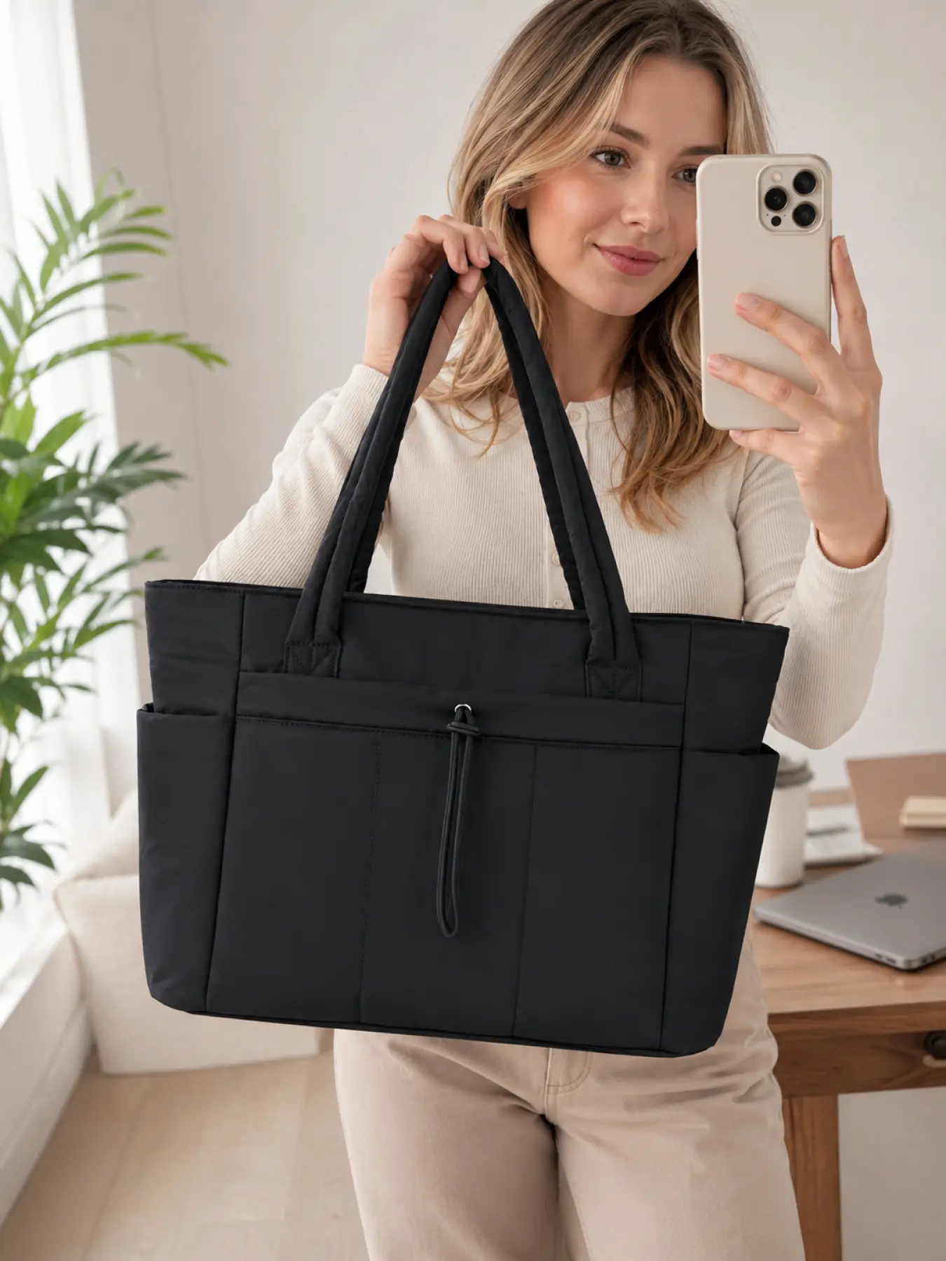 Puffer Tote Bag for Women with Laptop Compartment, Cup Holder and Multiple Pockets, Lightweight Quilted Travel Work Bag, Casual Trendy Bag, Stylish Shoulder Tote for Office, Nurse, Gym and Daily Commute, Travel Essentials Bag