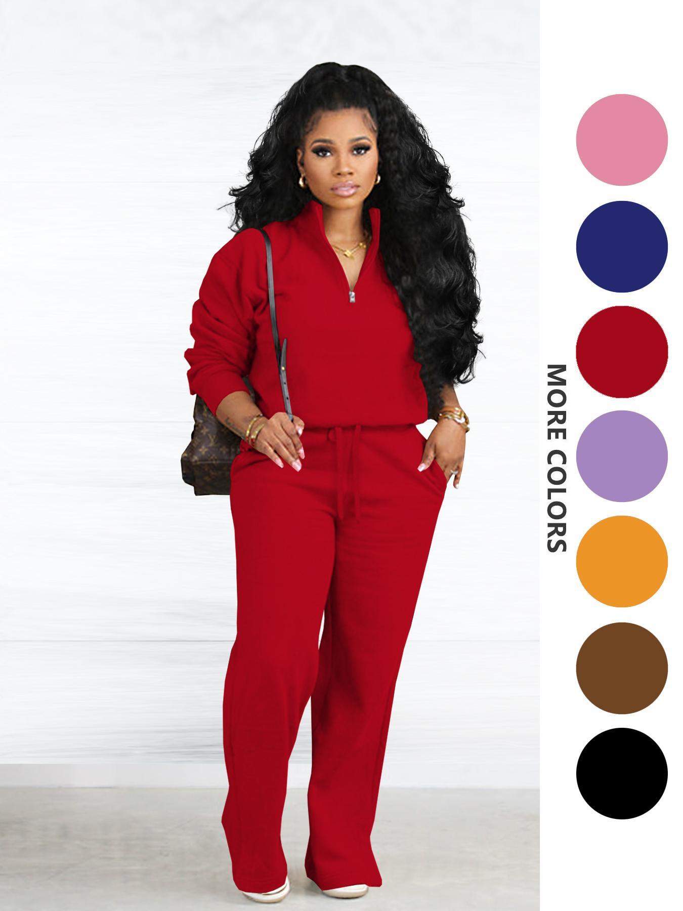 Two-piece Set Women's Solid Zip Up Funnel Neck Sweatshirt & Drawstring Waist Pants, Casual Fashion Cozy Fitted Drop Shoulder Long Sleeve Top & Pocket Trousers for Daily Outdoor Wear, Women's Clothing for Fall & Winter