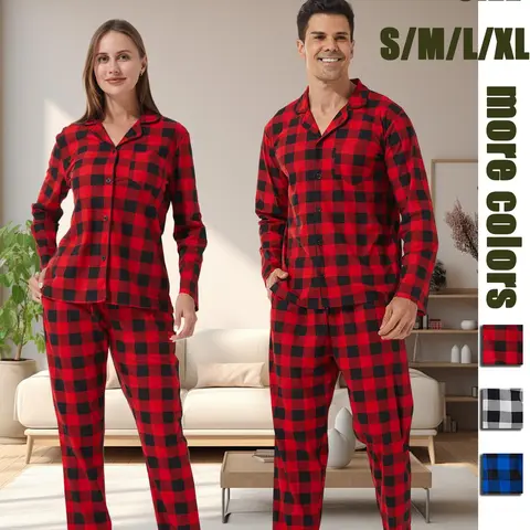 Couple's Plaid Print Button Front Pajama Two-piece Set, Casual Comfy Long Sleeve Pocket Top & Elastic Waist Pants Pj Set, Couple's Sleepwear for Spring & Fall, Matching Set