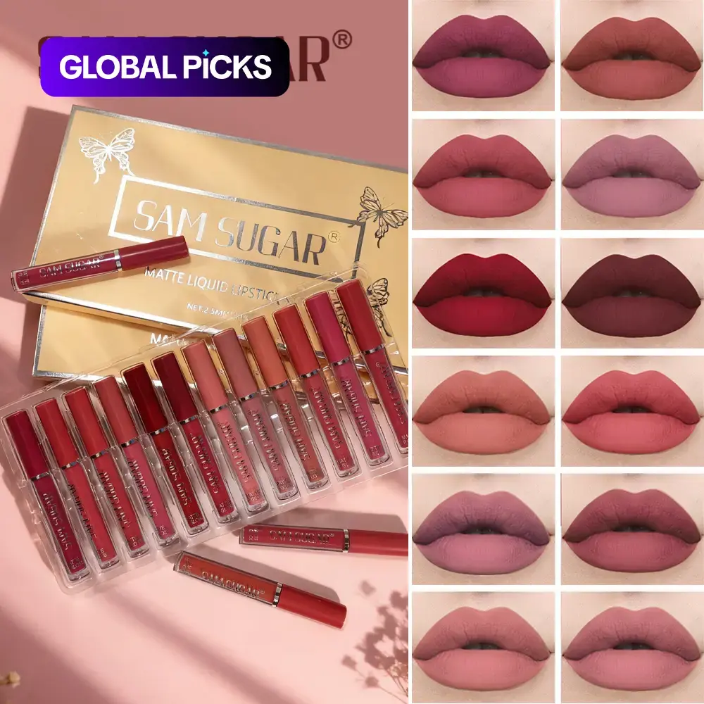 Sam Sugar 12-Piece Kit, Matte Lipstick Set, Matte Liquid Lipstick, Lipgloss, Matte Finish, Long-Lasting Waterproof Formula, Non-Stick Cup Design, Perfect for Daily Makeup, Cosmetic