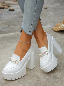 A pair of Women's Patent Leather Platform Loafers, Chunky Block Heel, Pearl & Rhinestone Buckle, Height Boosting, Slip-On Style, Versatile Shoes for Work, Office & Daily Casual Wear