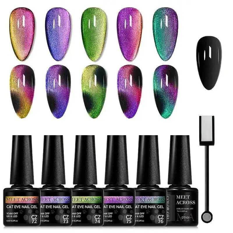 MEET ACROSS 7pcs Starry Sky Effect Magnetic Gel Polish Set, 6 Vibrant Colors Galaxy Sparkling Cat Eye UV LED Nail Gel with Magnetic Stick,  Perfect for Salon & Home Use, Ideal Gift for Women and Girls