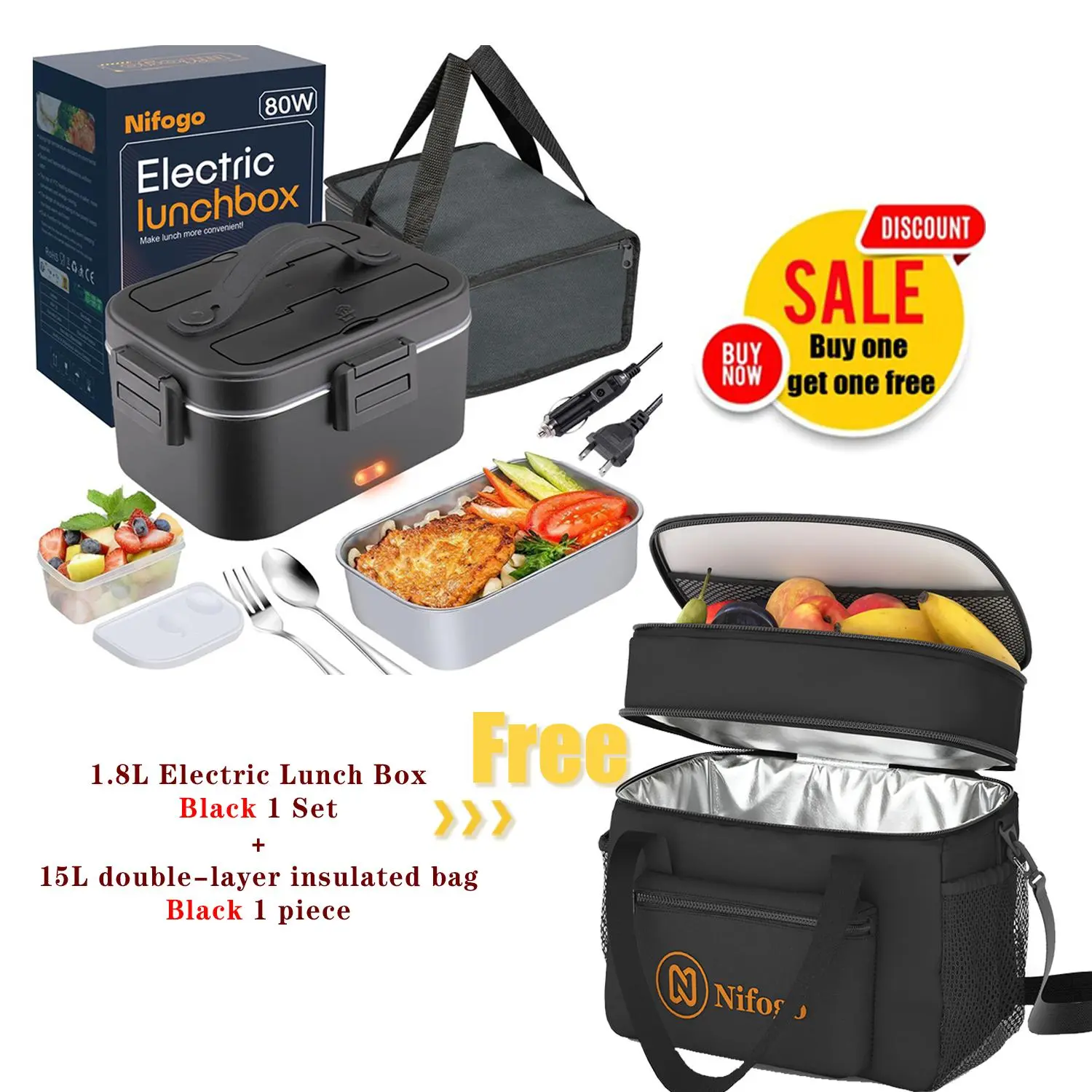 Nifogo Heated Lunch Box with Insulated Oxford Fabric Bag - Leakproof Lunch Containers, Stain-Resist Liner, Portable, Reusable, Shoulder Strap for Work Kitchenware Combo