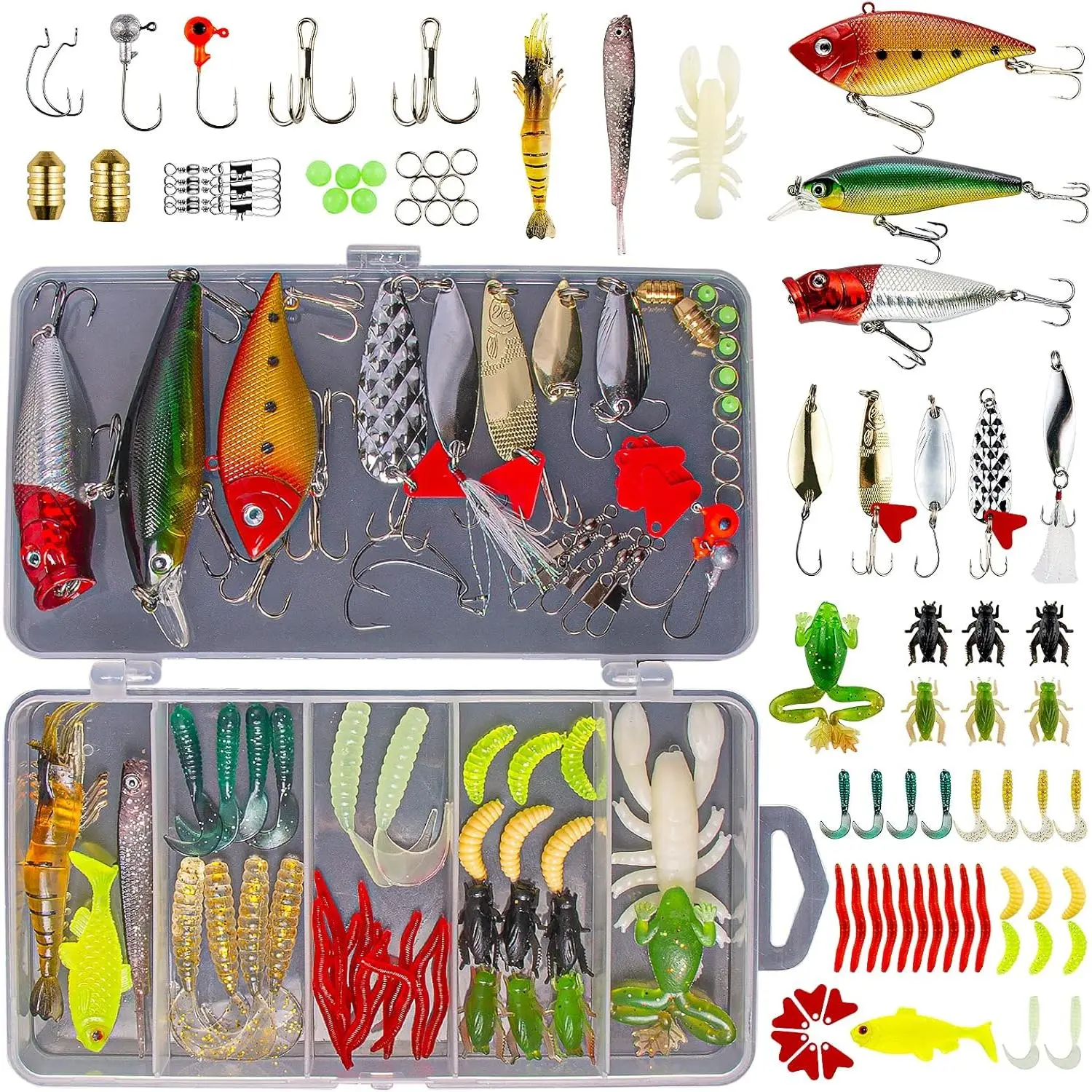 Fishing Lures Kit – Freshwater Tackle Box Set with Spoon Lures, Soft Plastic Worms & Baits for Bass Trout Salmon Fishing Accessories Fishing Gear Starter Kit & Fishing Gifts