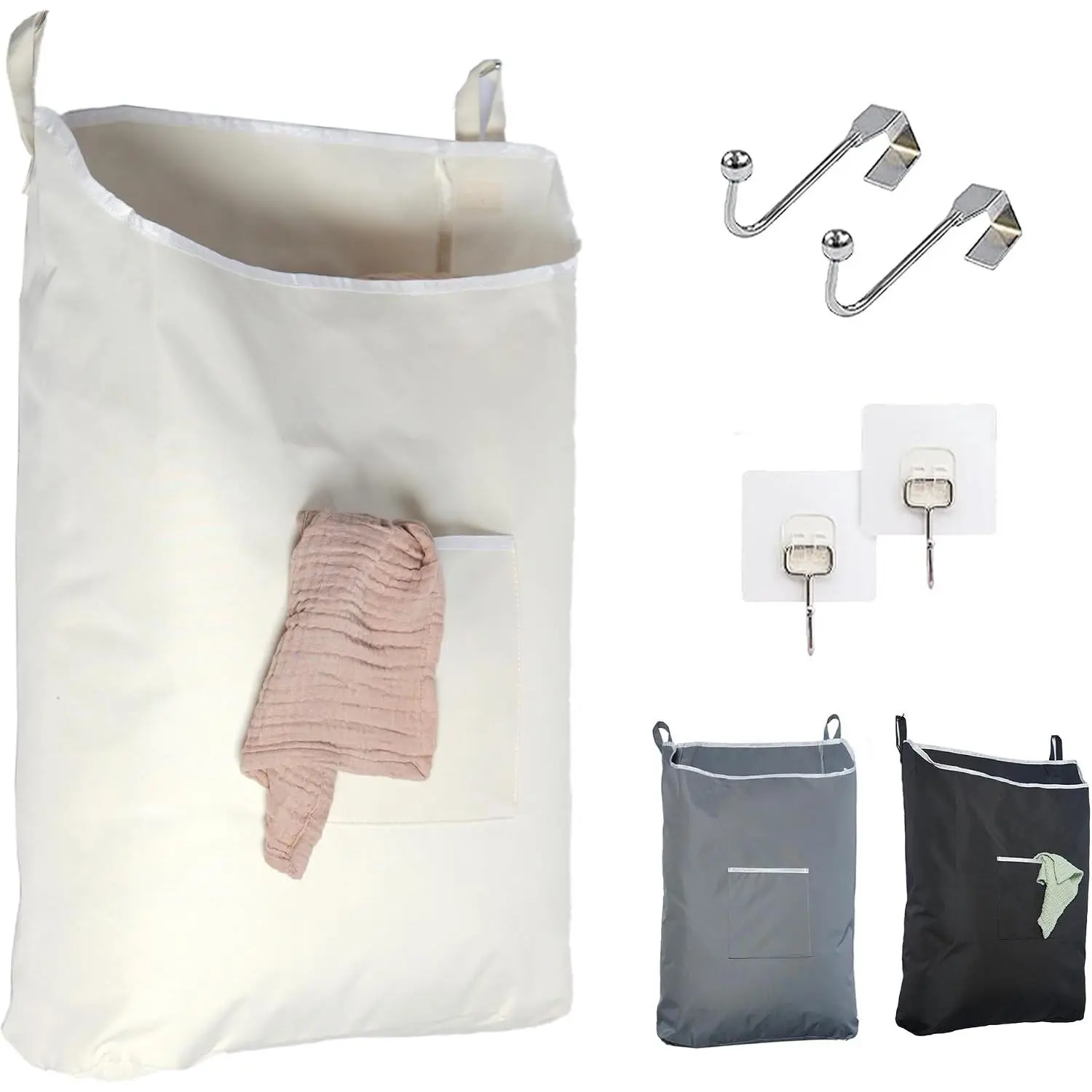 Hanging Laundry Hamper with Over Door Hooks & Adhesive, Durable Space Saving Laundry Bag with Zipper and Wide Open Top, Hanging Dorm Laundry Hamper 18"x4.75"x28" (Beige-L)