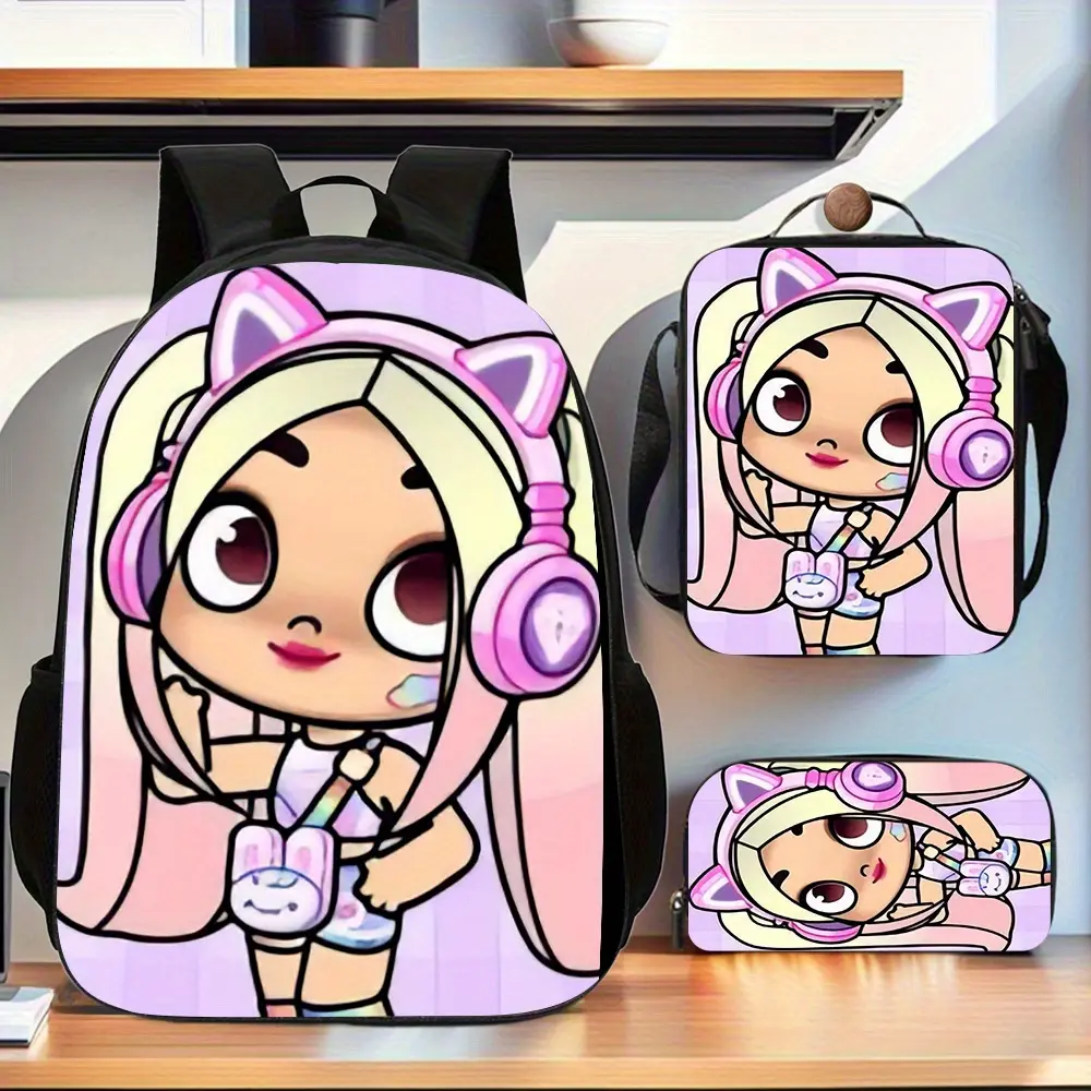 Cute Avatar Print 3-Piece Backpack Set for Kids & Teens, Back to School Haul with Lunch Box, Pencil Case & Laptop Compartment for Campus Life, Multi-Compartment, Retro Chic, Friend, Travel/School, Built-In Organizer