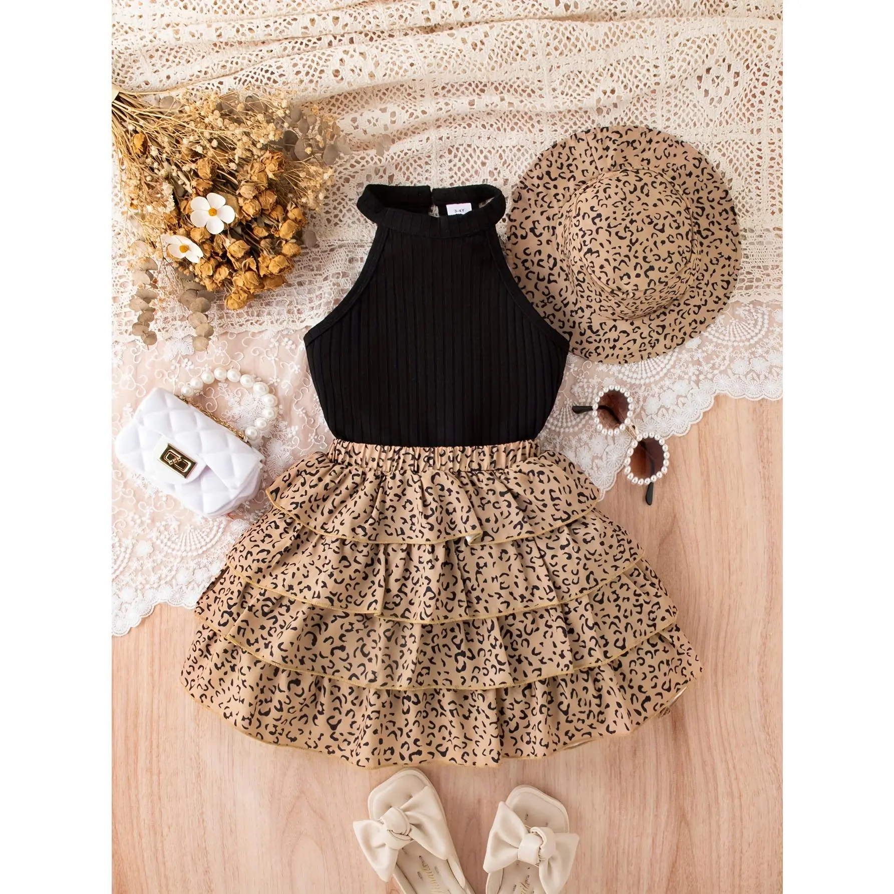 3Pcs Girls Summer Hot Selling Outfit Set, Neck Wrap Crop Top, Tiered Cake Skirt & Matching Hat, Trendy Kids 3 Piece Matching Suit Fashion Set Fashion Clothes Sets